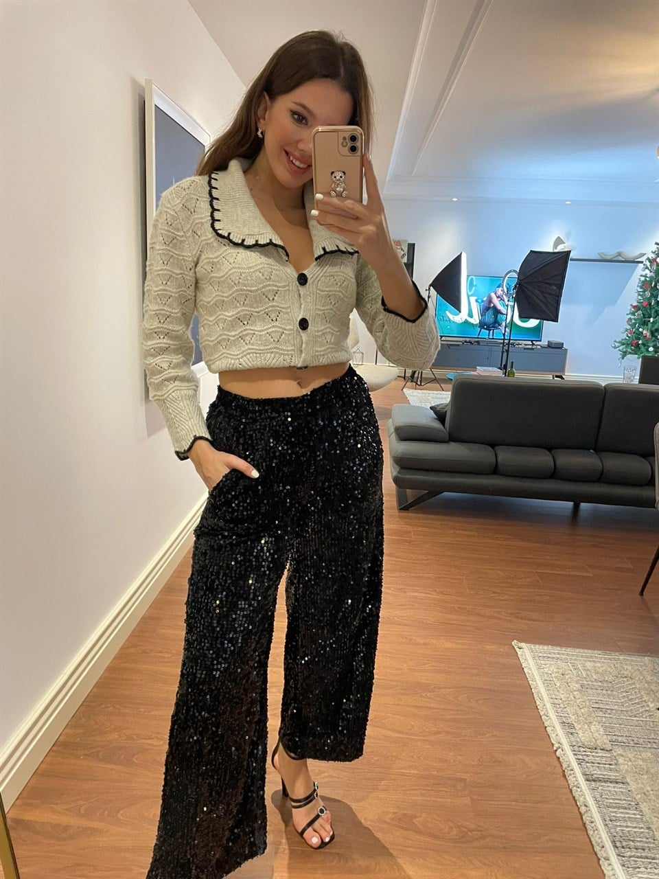 Payetli Cepli Siyah Pantolon 5854