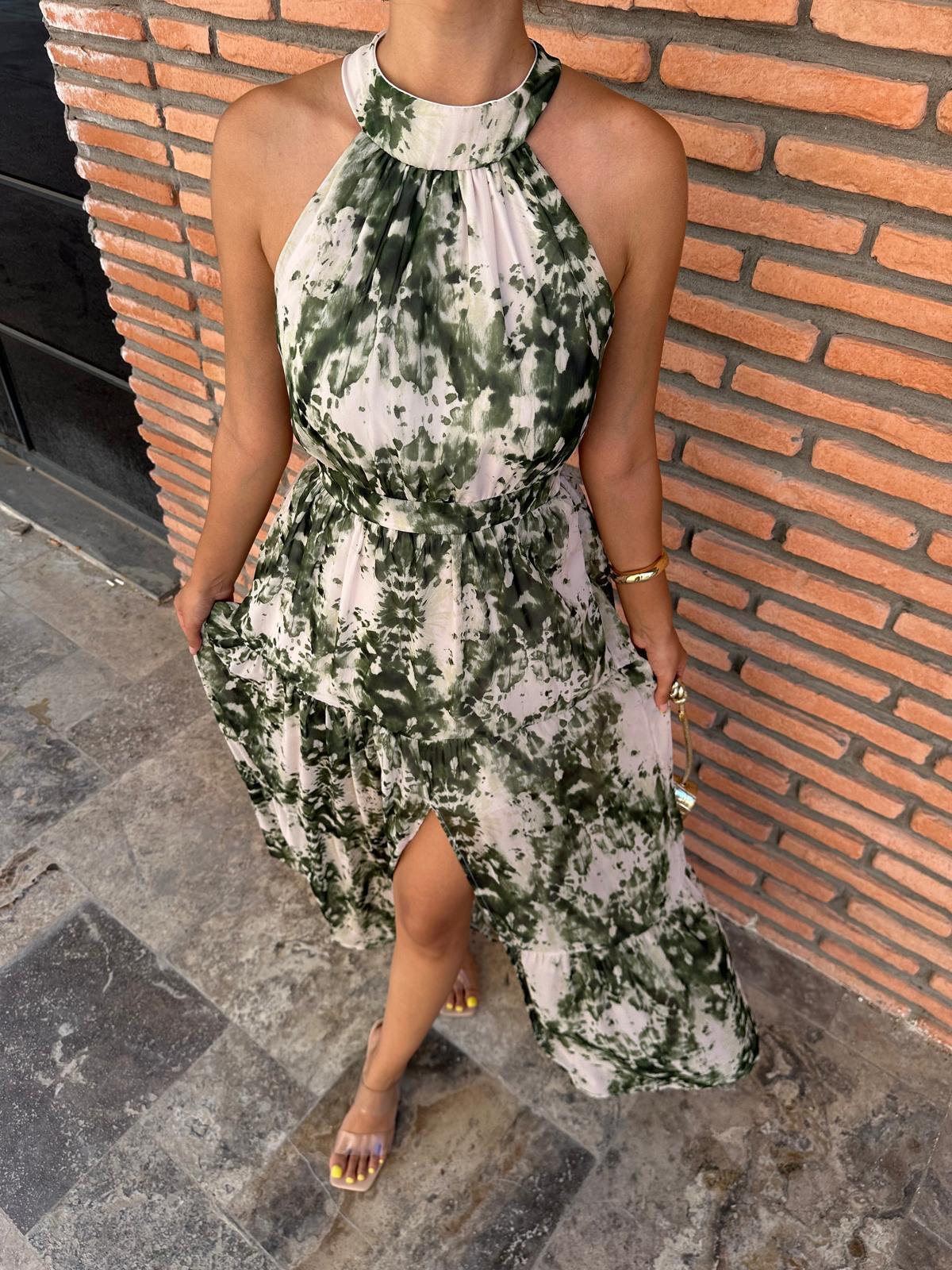 Pella Halter Yaka Şifon Elbise Yeşil 070621159