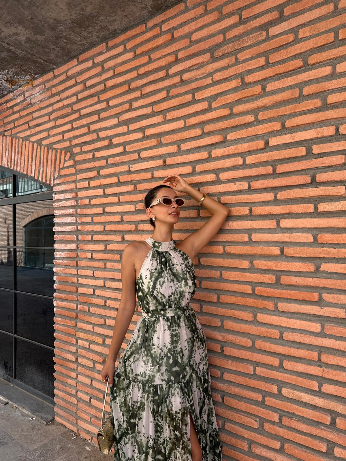Pella Halter Yaka Şifon Elbise Yeşil 070621159
