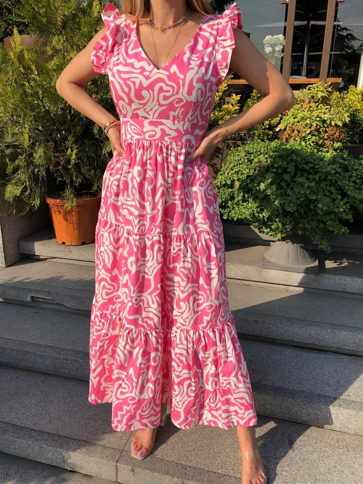 Pembe Ebruli Desen Omuz Volanlı Elbise