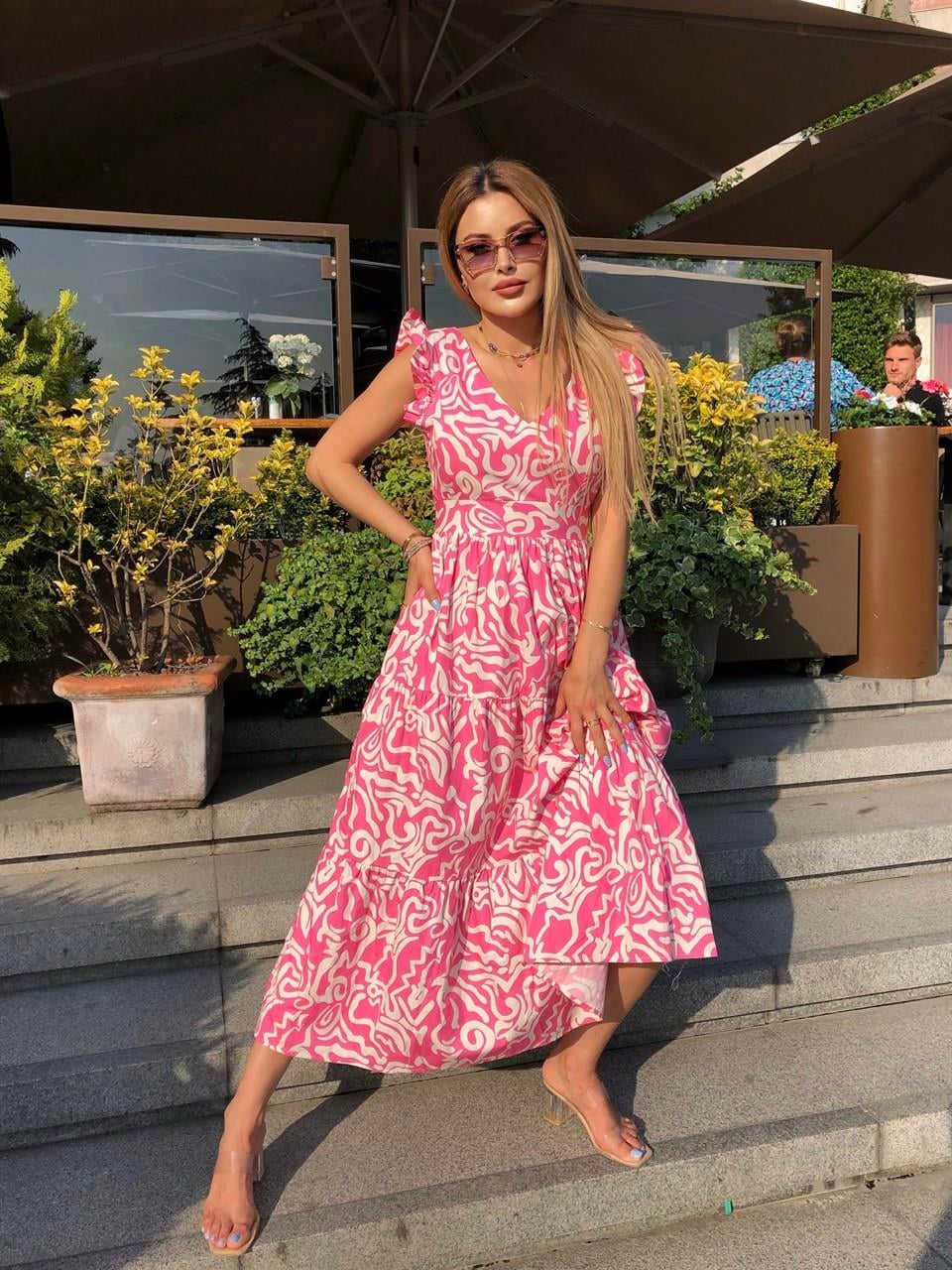 Pembe Ebruli Desen Omuz Volanlı Elbise