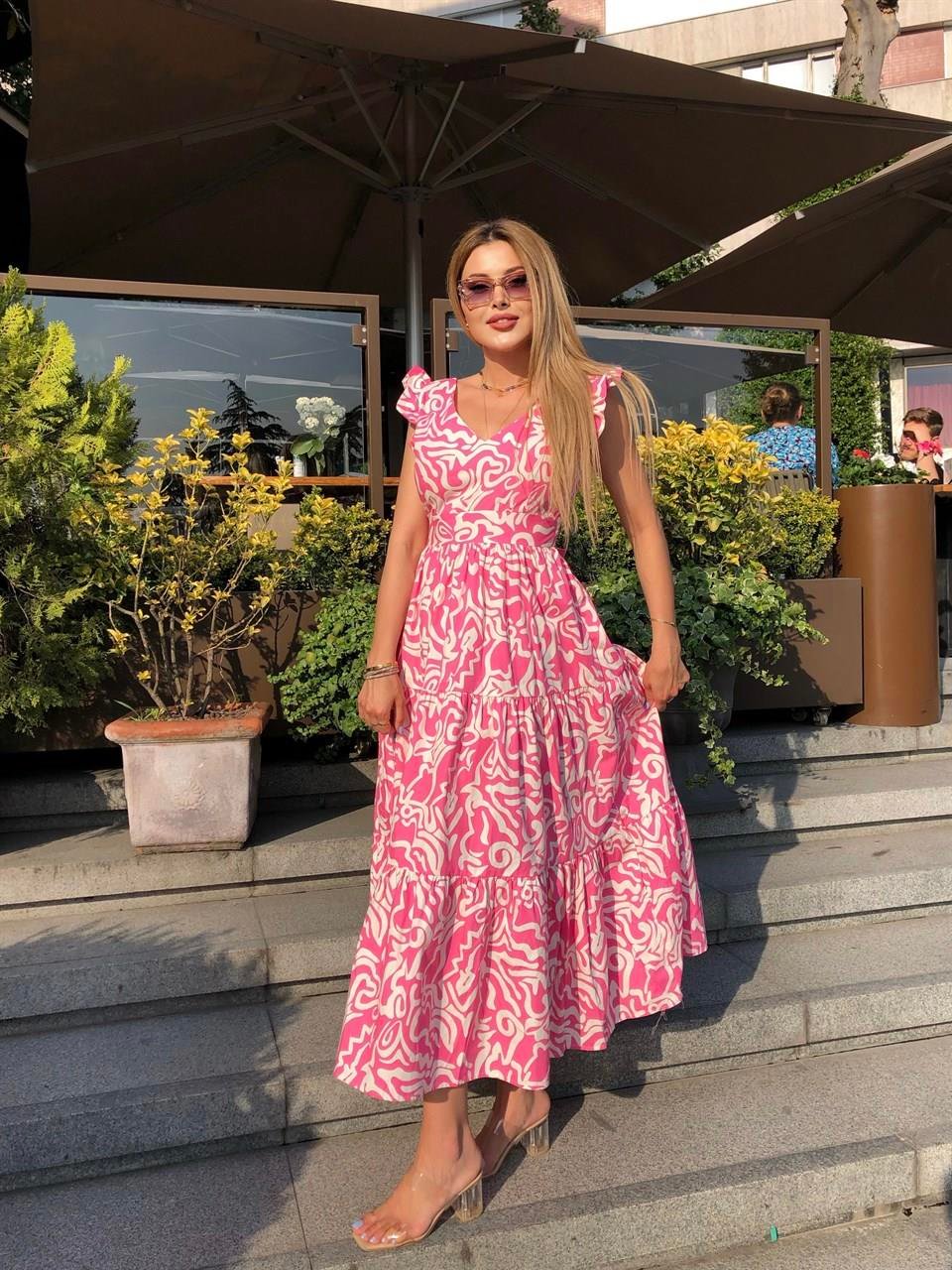 Pembe Ebruli Desen Omuz Volanlı Elbise