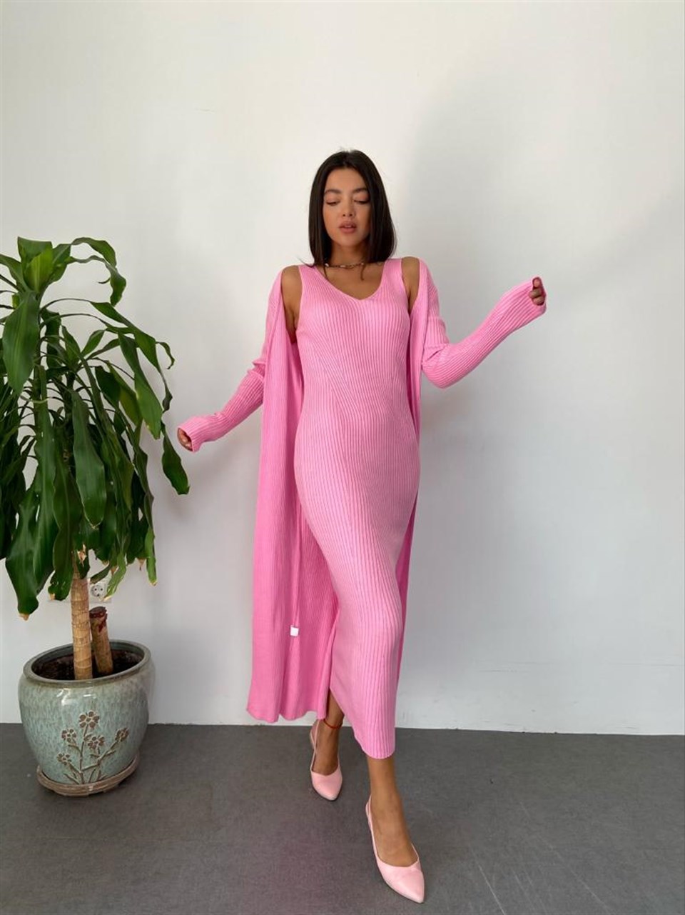 Pembe Elbise Hırka Triko Takım