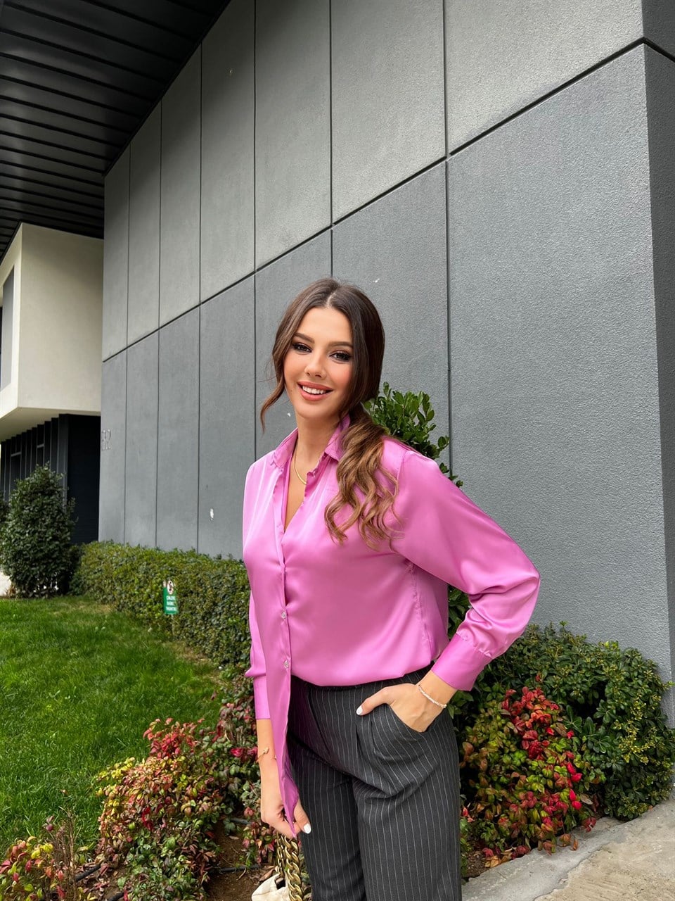 Pembe Saten Gömlek 3258