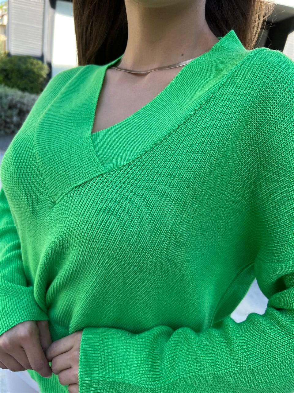 Peras Yeşil V Yaka Triko