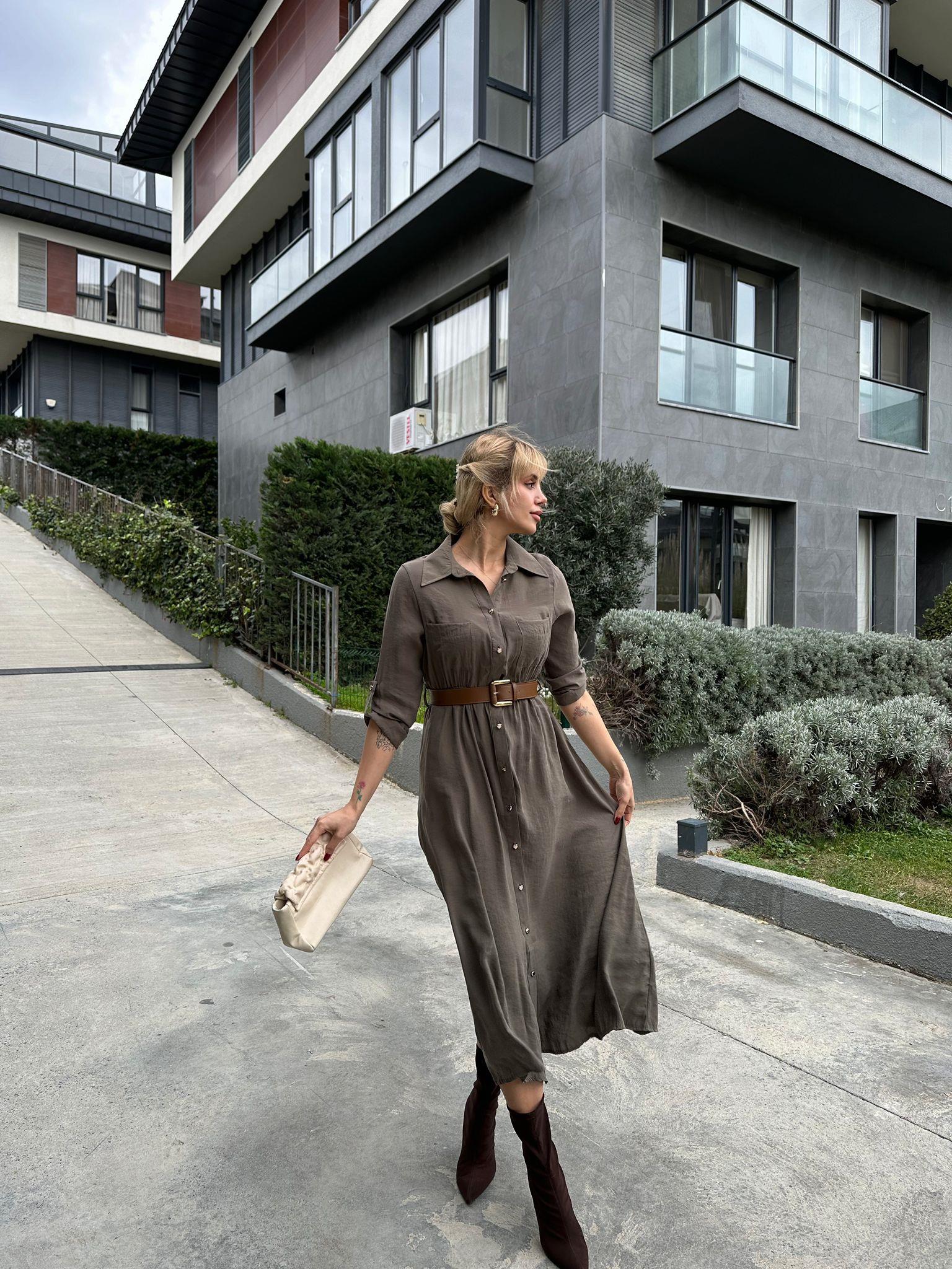Pierra Modal Kemerli Elbise Hâki 17074537