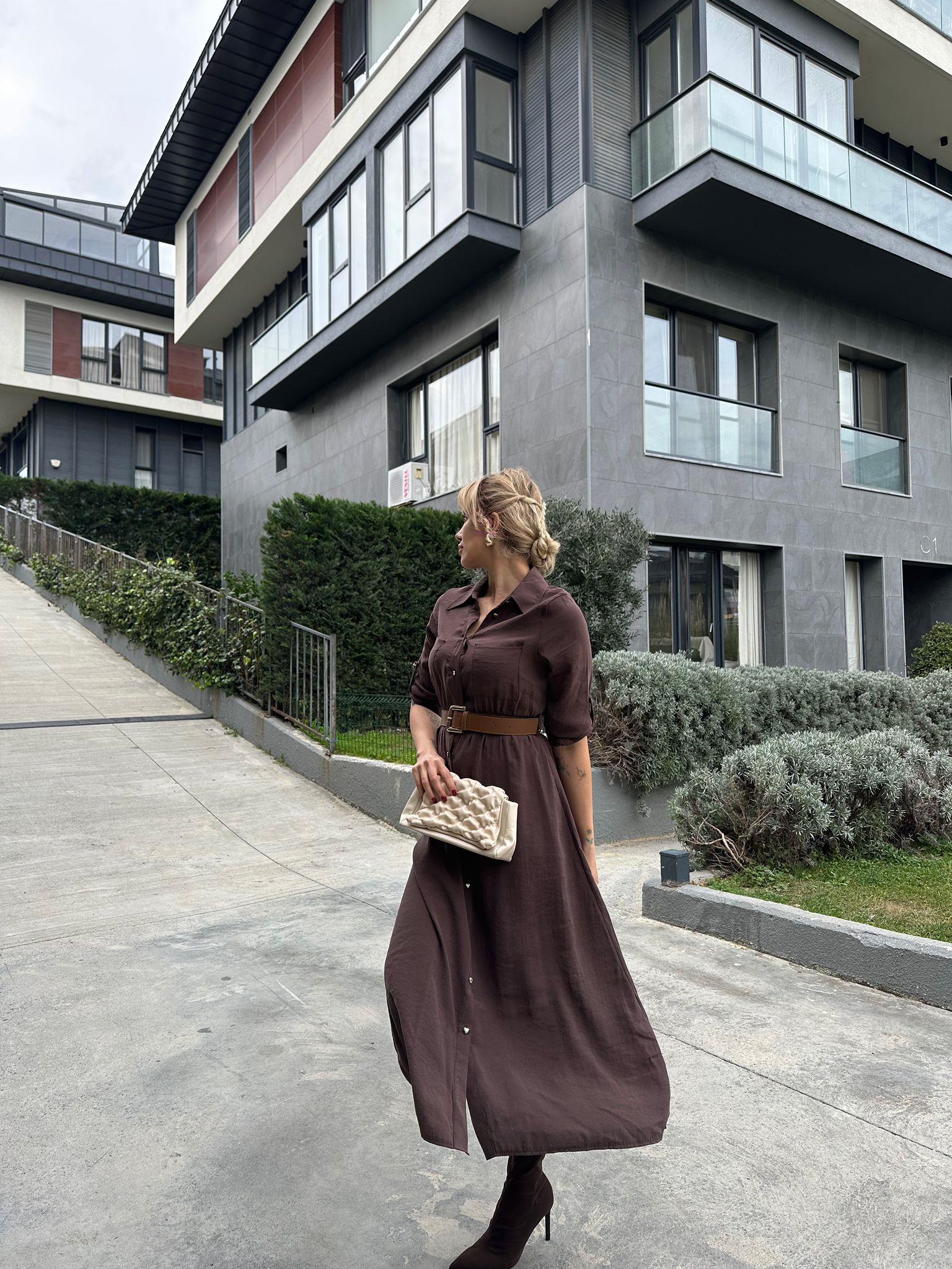 Pierra Modal Kemerli Elbise Kahverengi 17074537