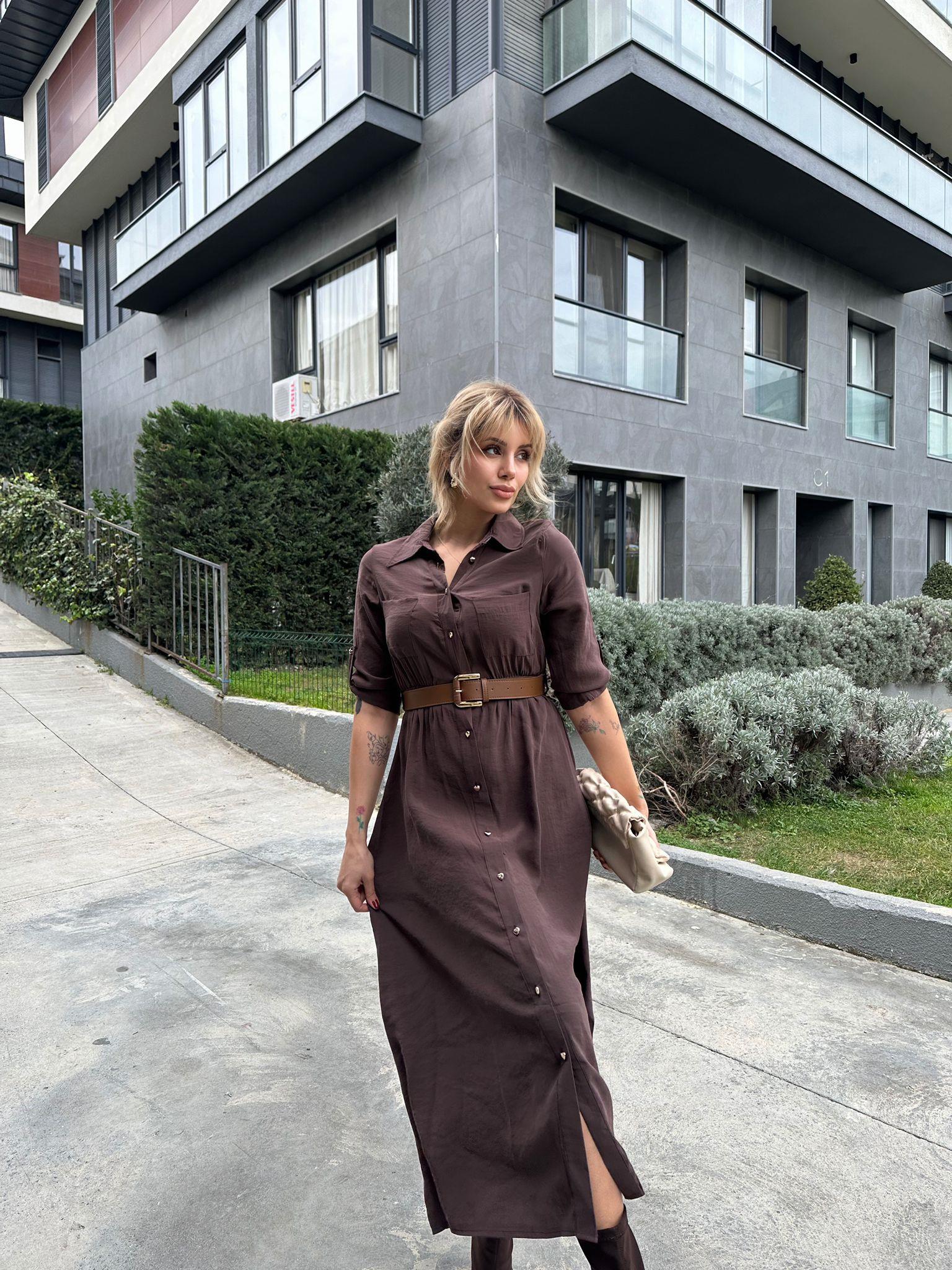 Pierra Modal Kemerli Elbise Kahverengi 17074537