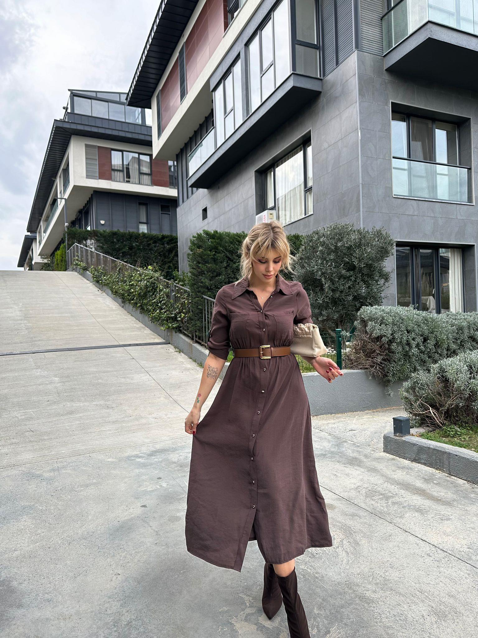 Pierra Modal Kemerli Elbise Kahverengi 17074537