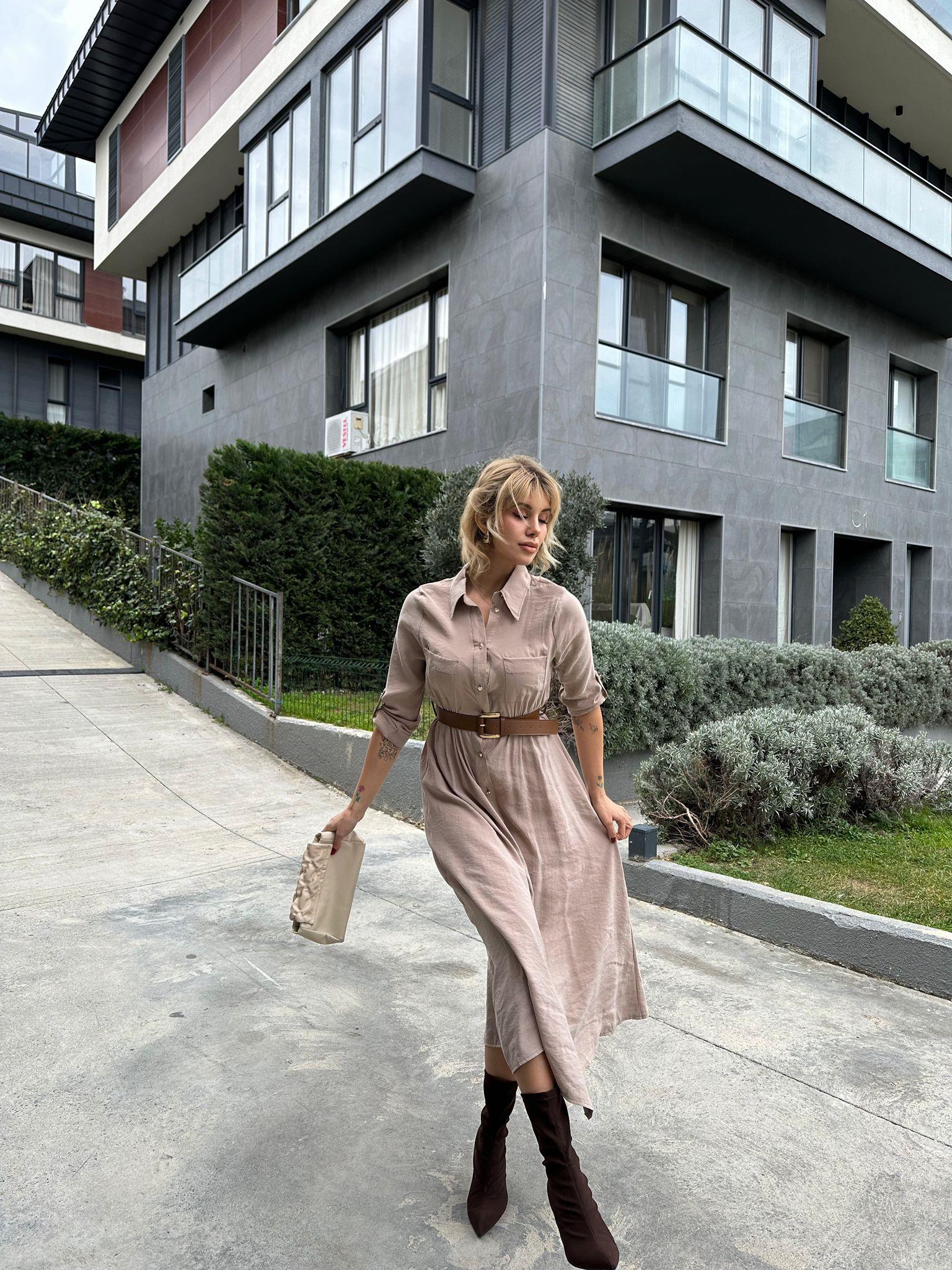 Pierra Modal Kemerli Elbise Krem 17074537