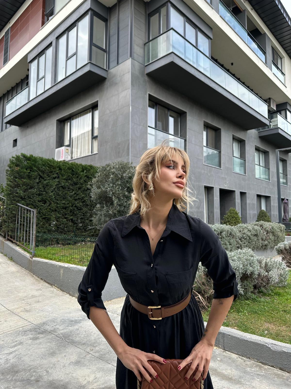 Pierra Modal Kemerli Elbise Siyah 17074537