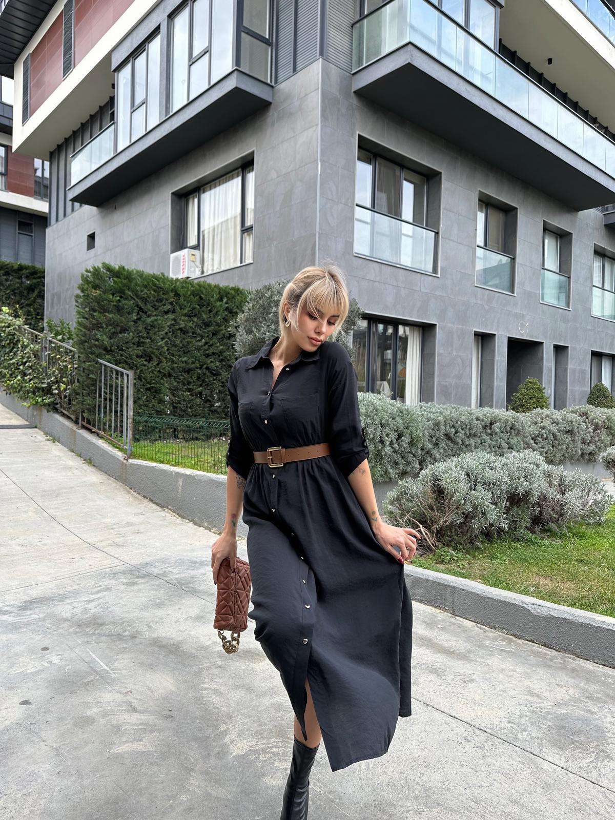 Pierra Modal Kemerli Elbise Siyah 17074537