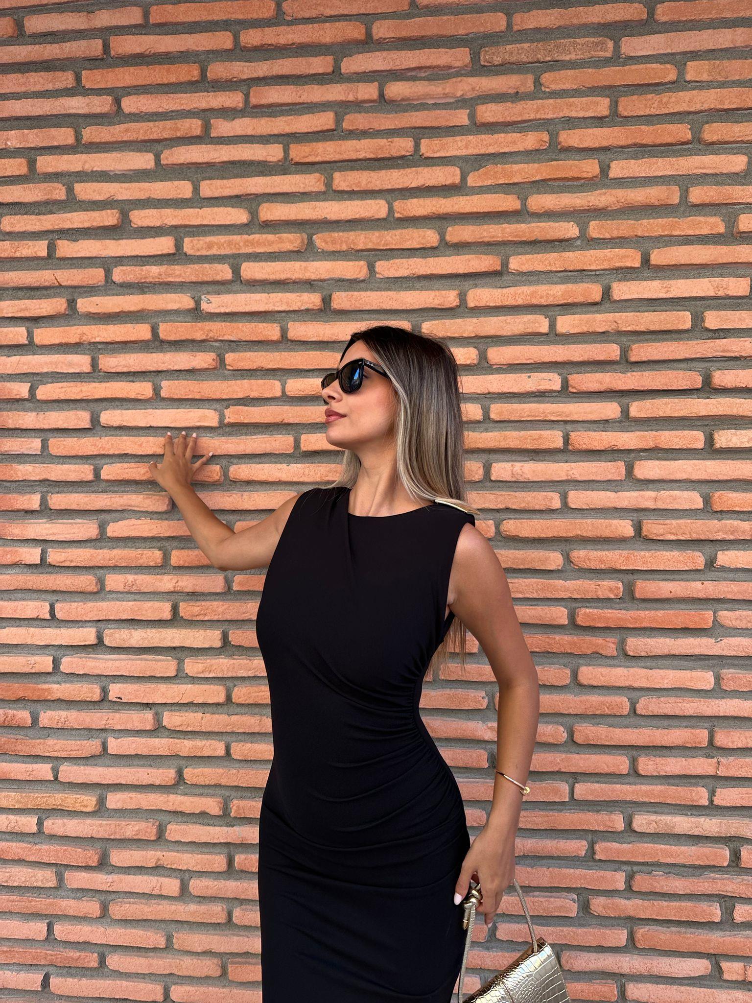 Piers Kolu Gold Tokalı Siyah Elbise 0706211101