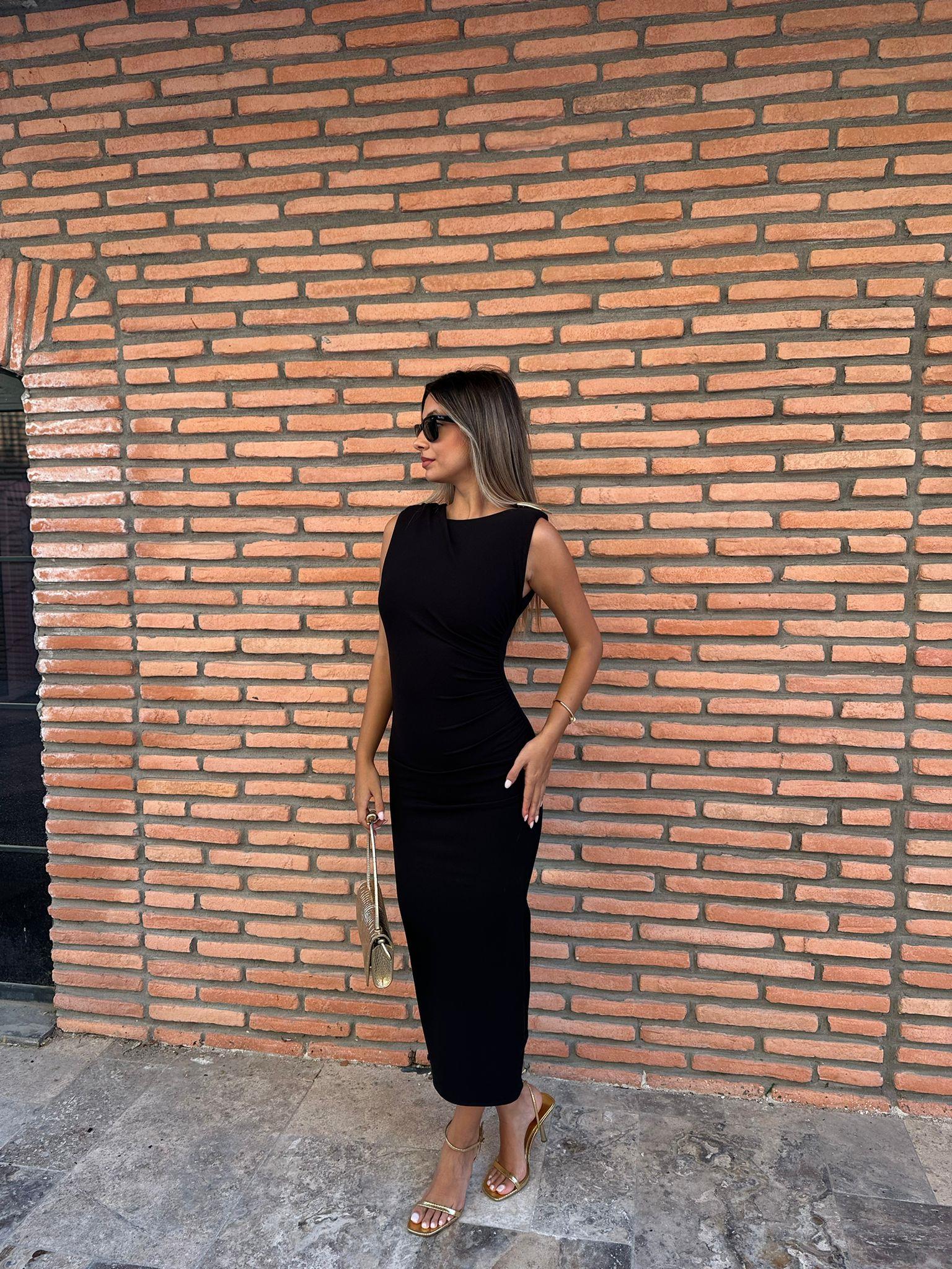 Piers Kolu Gold Tokalı Siyah Elbise 0706211101
