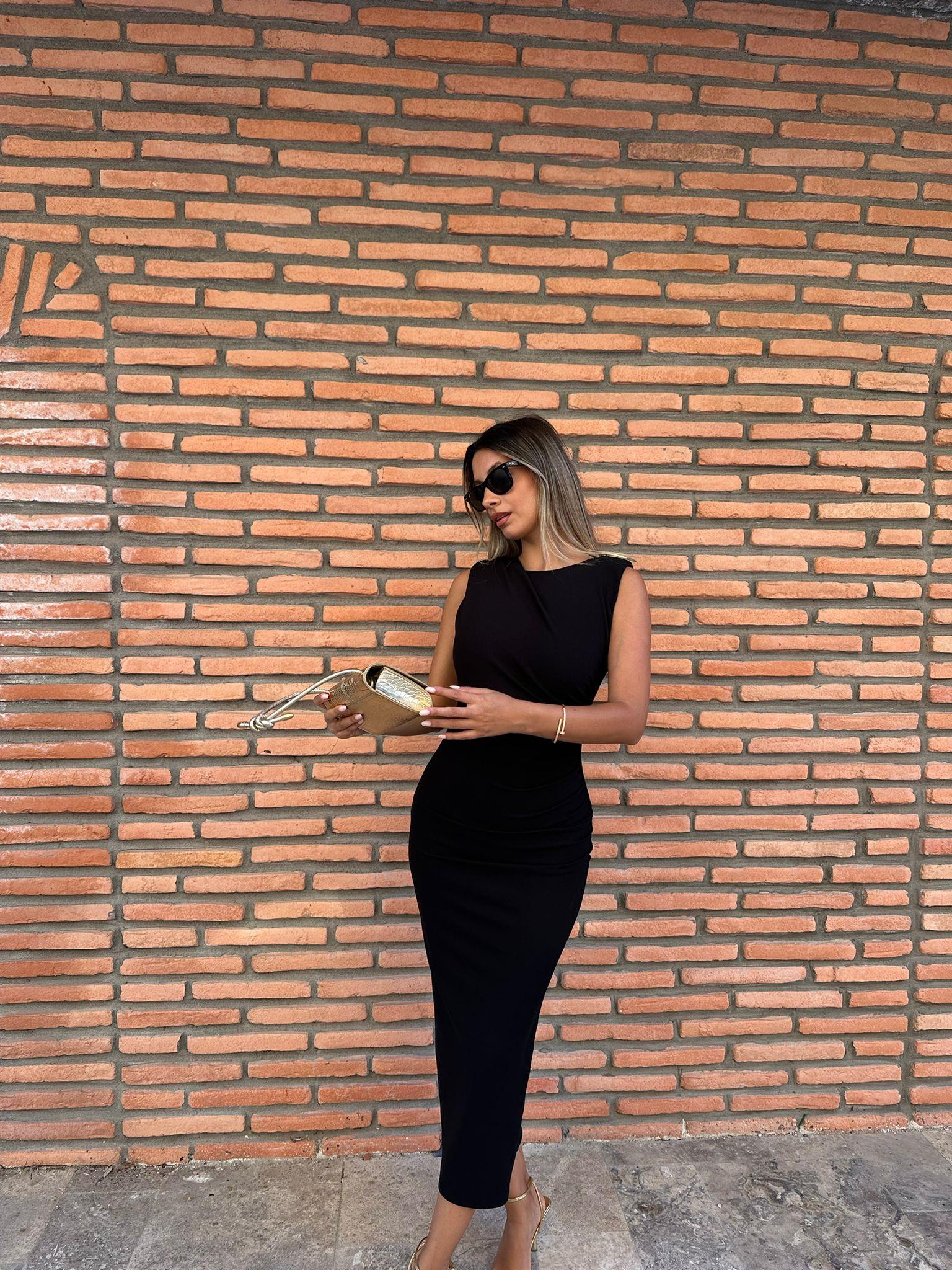 Piers Kolu Gold Tokalı Siyah Elbise 0706211101