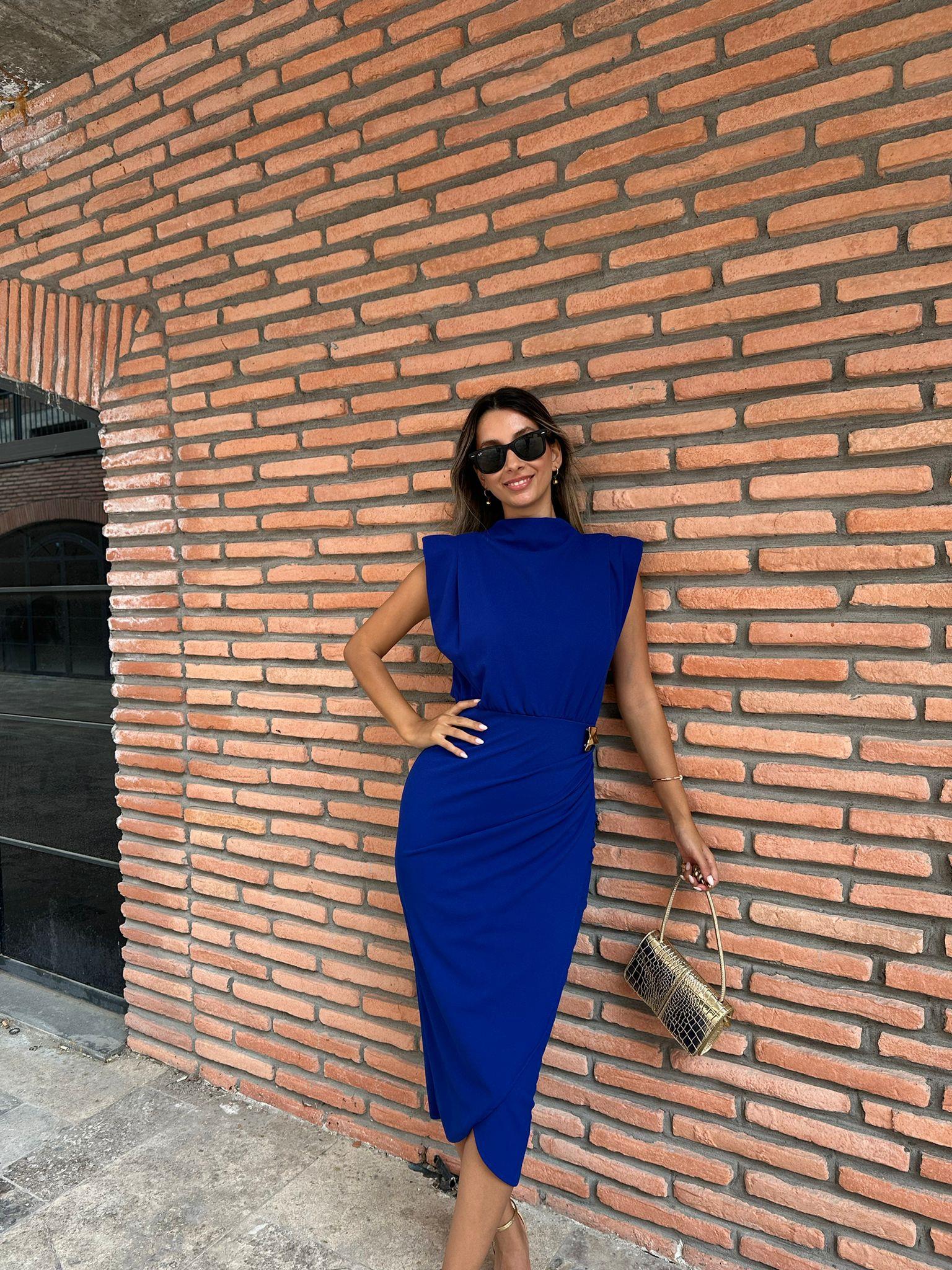 Pietra Beli Gold Tokalı Saks Elbise 0706211102