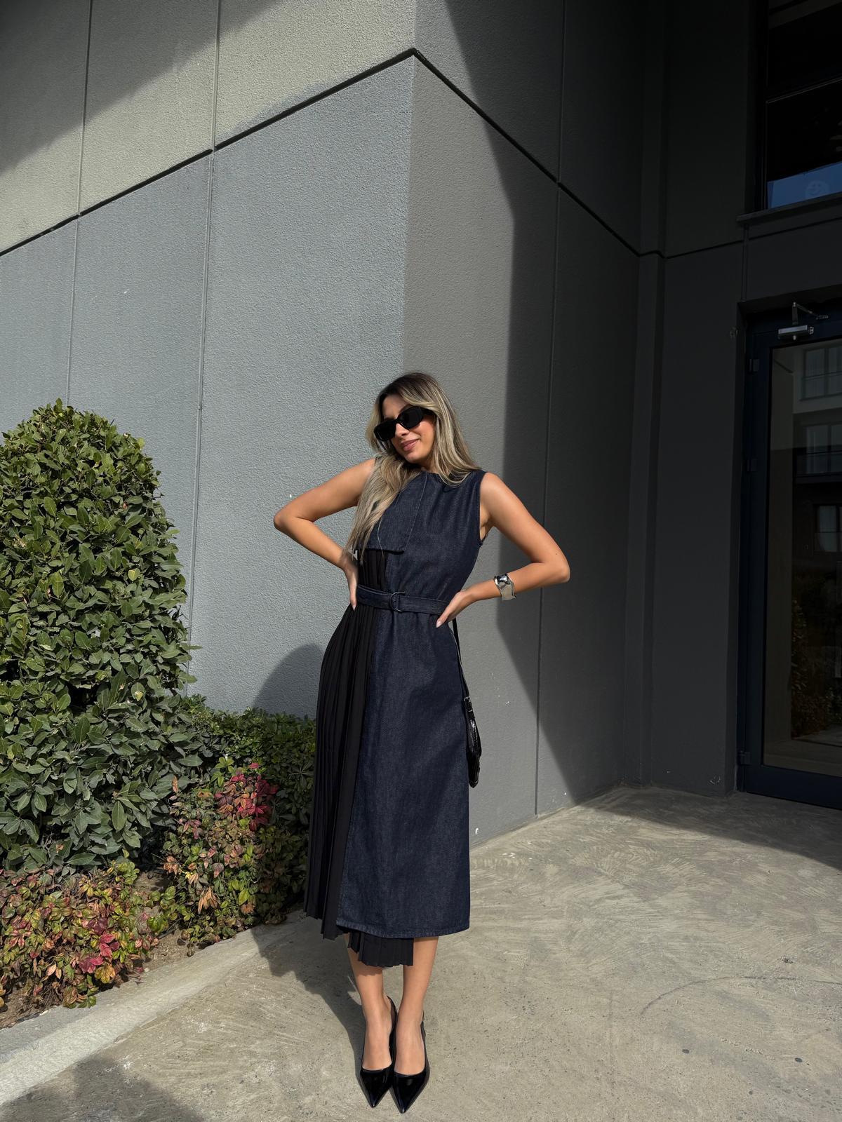 Pile Garnili Sıfır Kol Jean Elbise kelb2207elsa