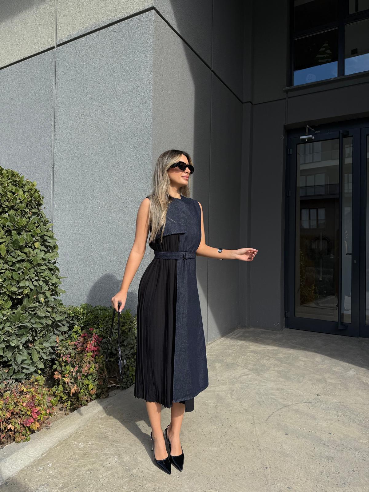 Pile Garnili Sıfır Kol Jean Elbise kelb2207elsa
