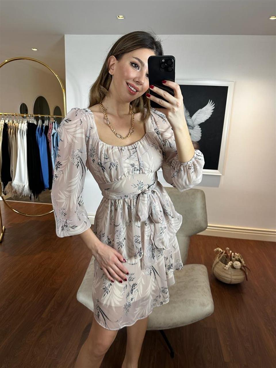 Pixie Nude Kuşaklı Şifon Elbise 230270