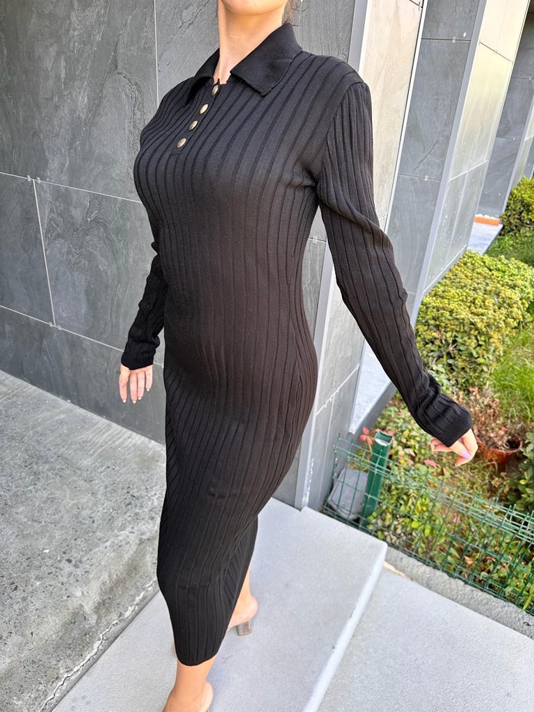 Polo Yaka Fitilli Triko Kalem Elbise Siyah 1707409