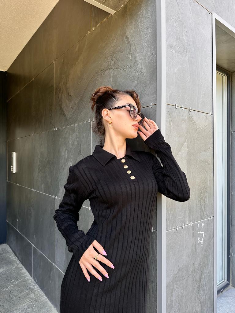 Polo Yaka Fitilli Triko Kalem Elbise Siyah 1707409