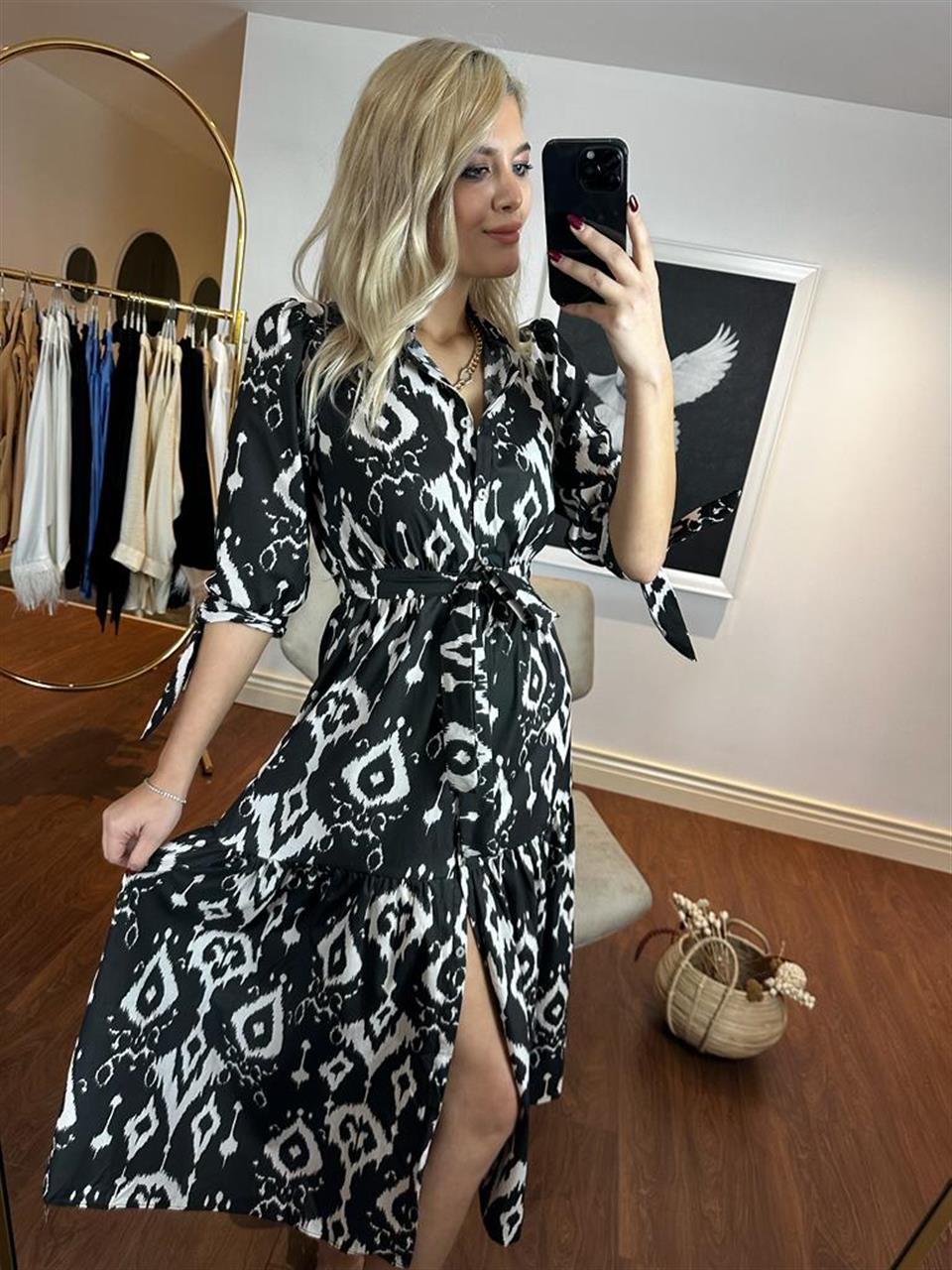 Ponia Etnik Desen Poplin Elbise Siyah 1304129