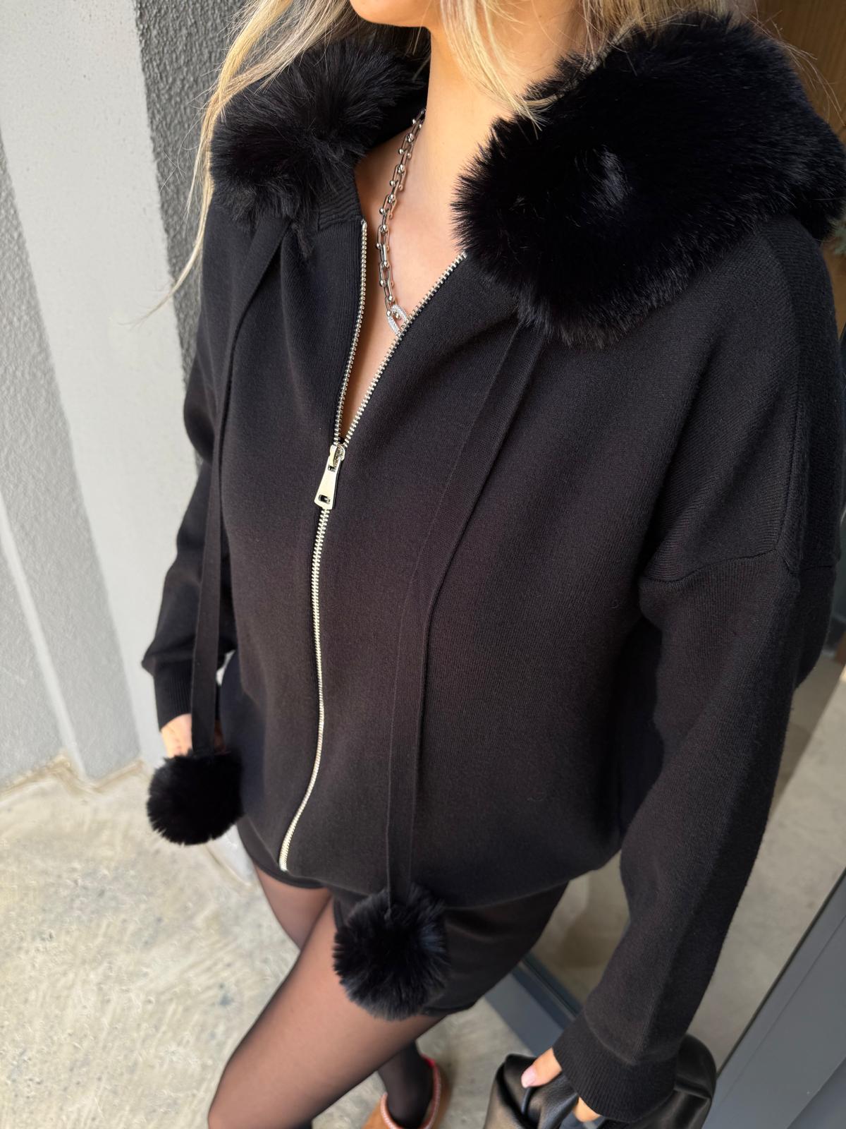 Ponpon Kürklü Angora Hırka Siyah hrk2134jij