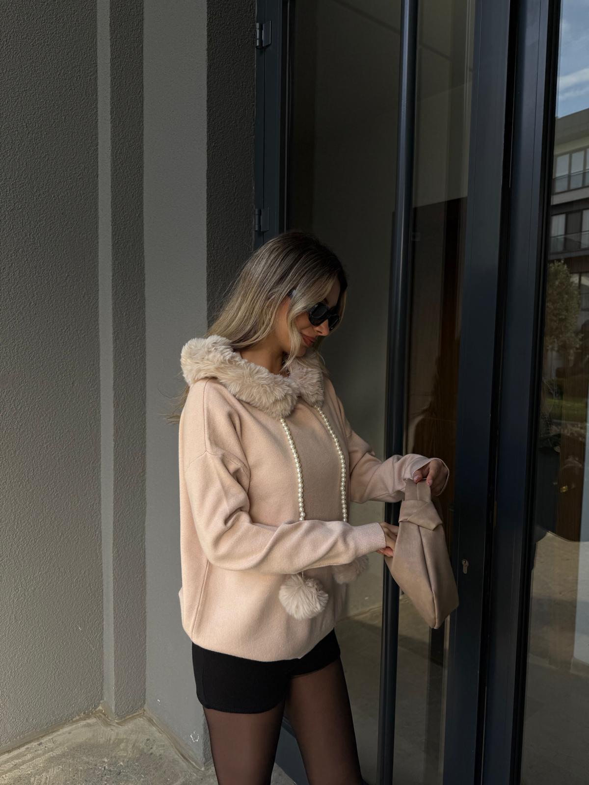 Ponpon Kürklü Angora Kazak Pudra hrk2134jij