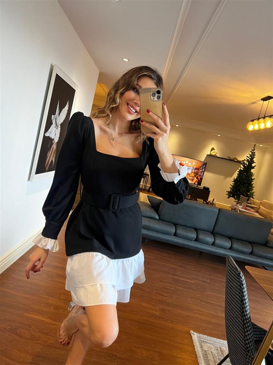 Poplin Etekli Kare Yaka Siyah Elbise 6631