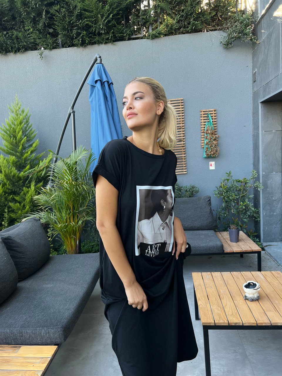 Port Baskı Basic Siyah Elbise