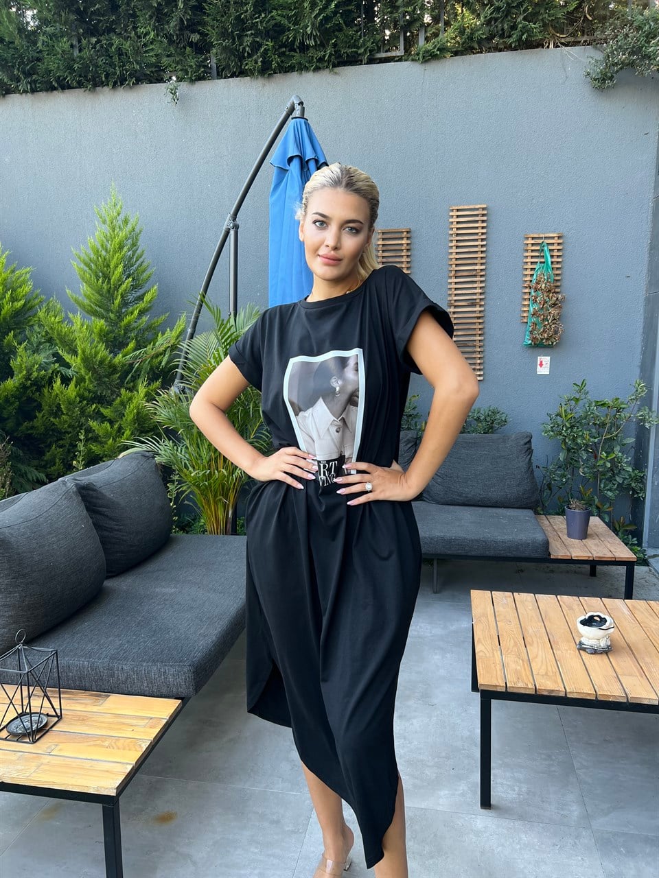 Port Baskı Basic Siyah Elbise