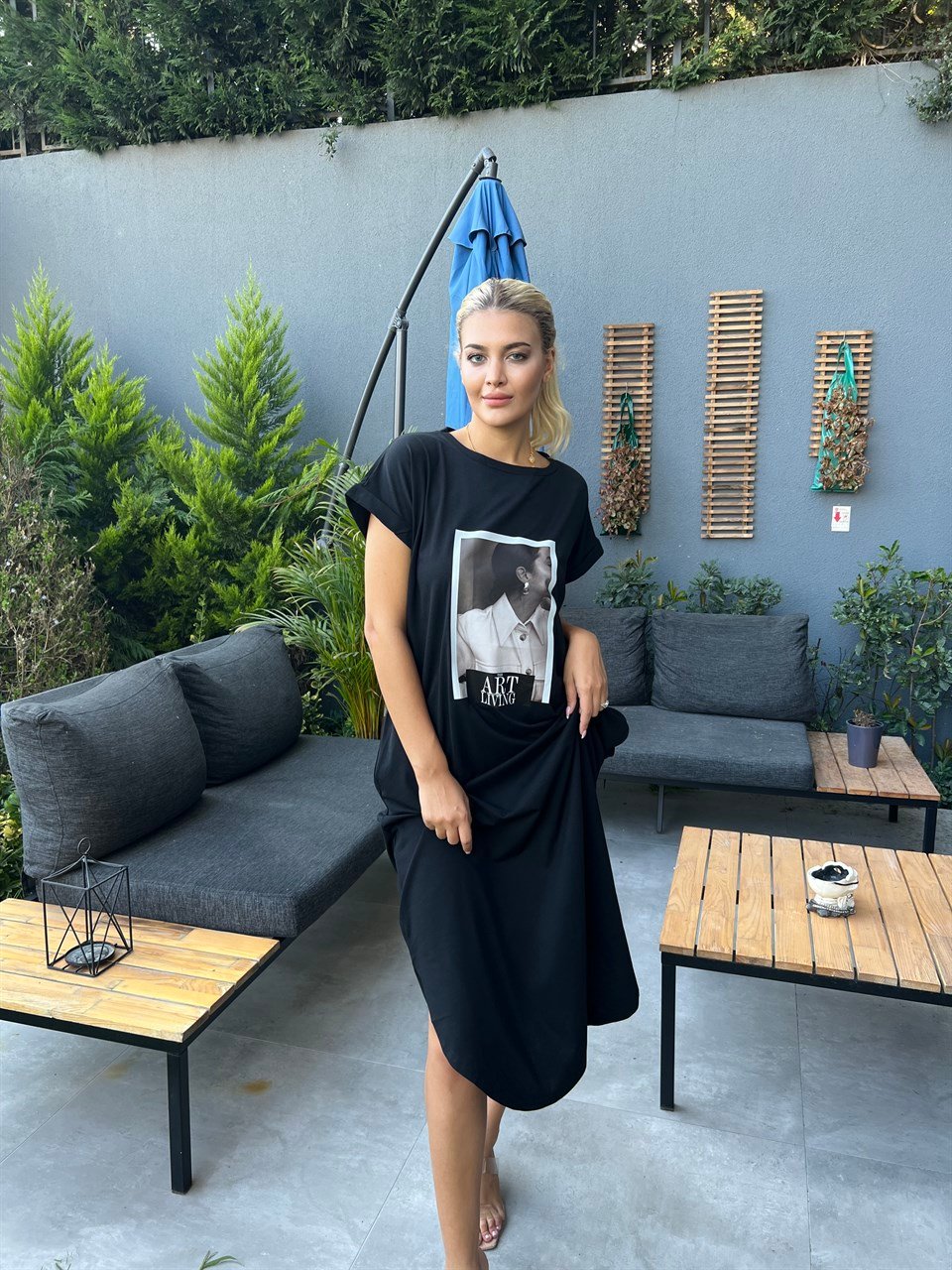 Port Baskı Basic Siyah Elbise