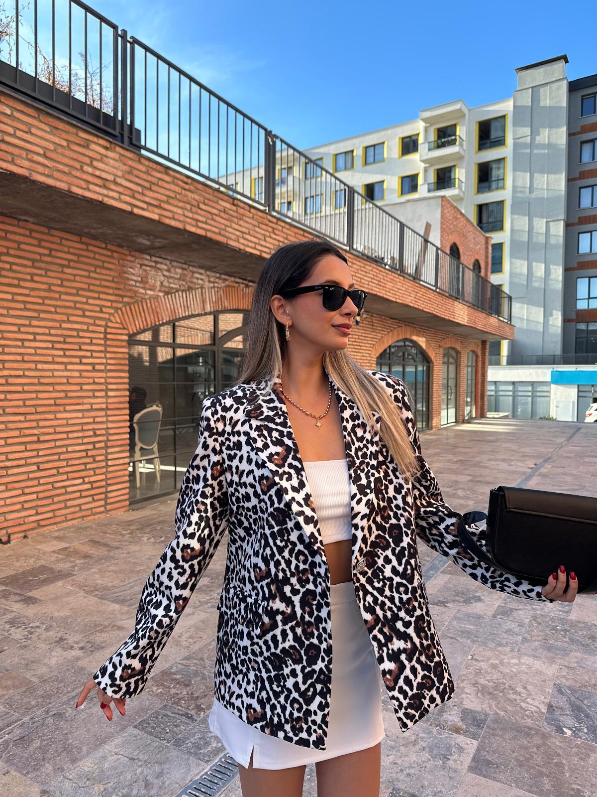 Premium Beyaz Leopar Blazer Ceket bckt1053rvd