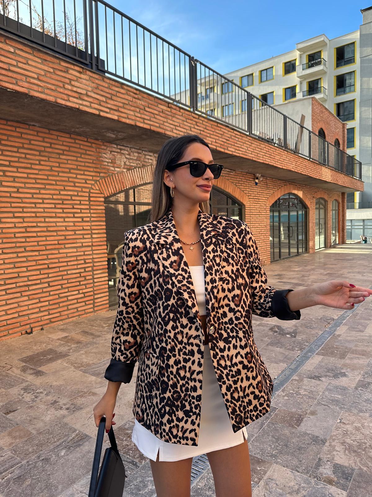 Premium Kahverengi Leopar Blazer Ceket bckt1053rvd