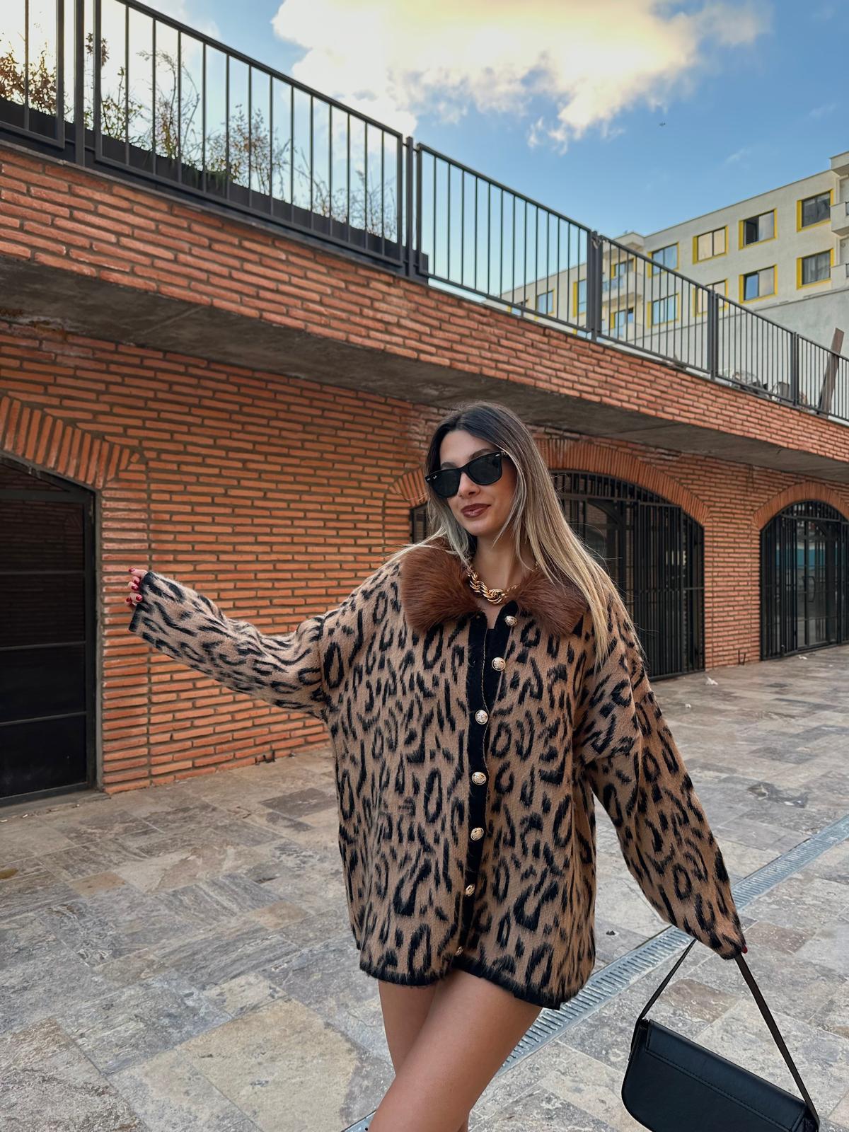Premium Seri Kahve Kürklü Leopar Desen Hırka hrk1090mzr