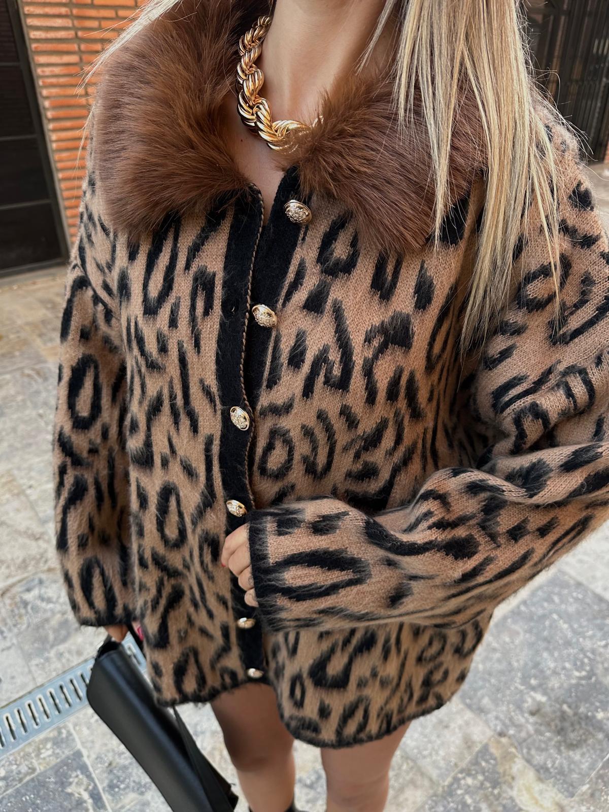 Premium Seri Kahve Kürklü Leopar Desen Hırka hrk1090mzr