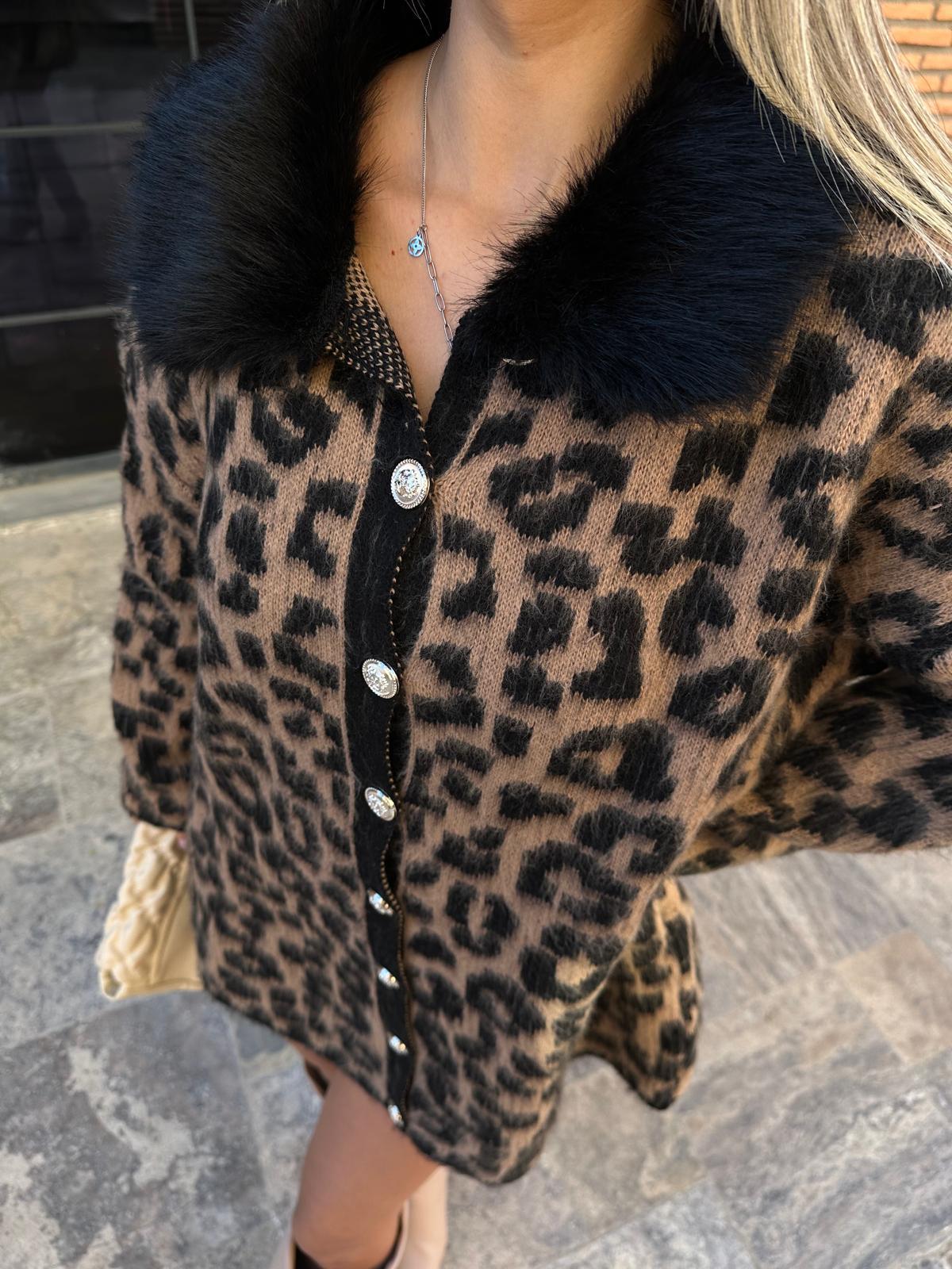 Premium Seri Siyah Kürklü Leopar Desen Hırka hrk1090mzr