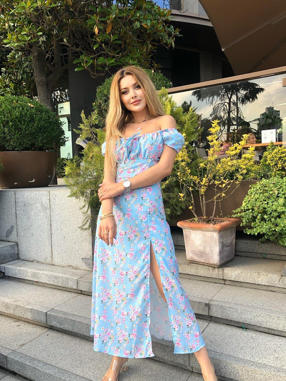 Prenses Yaka  Çiçekli Mavi Elbise