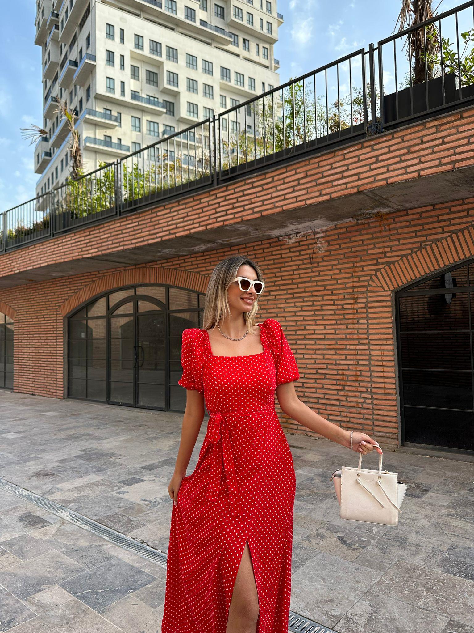 Puantiyeli Kırmızı Kuşaklı Viskon Elbise  07062155
