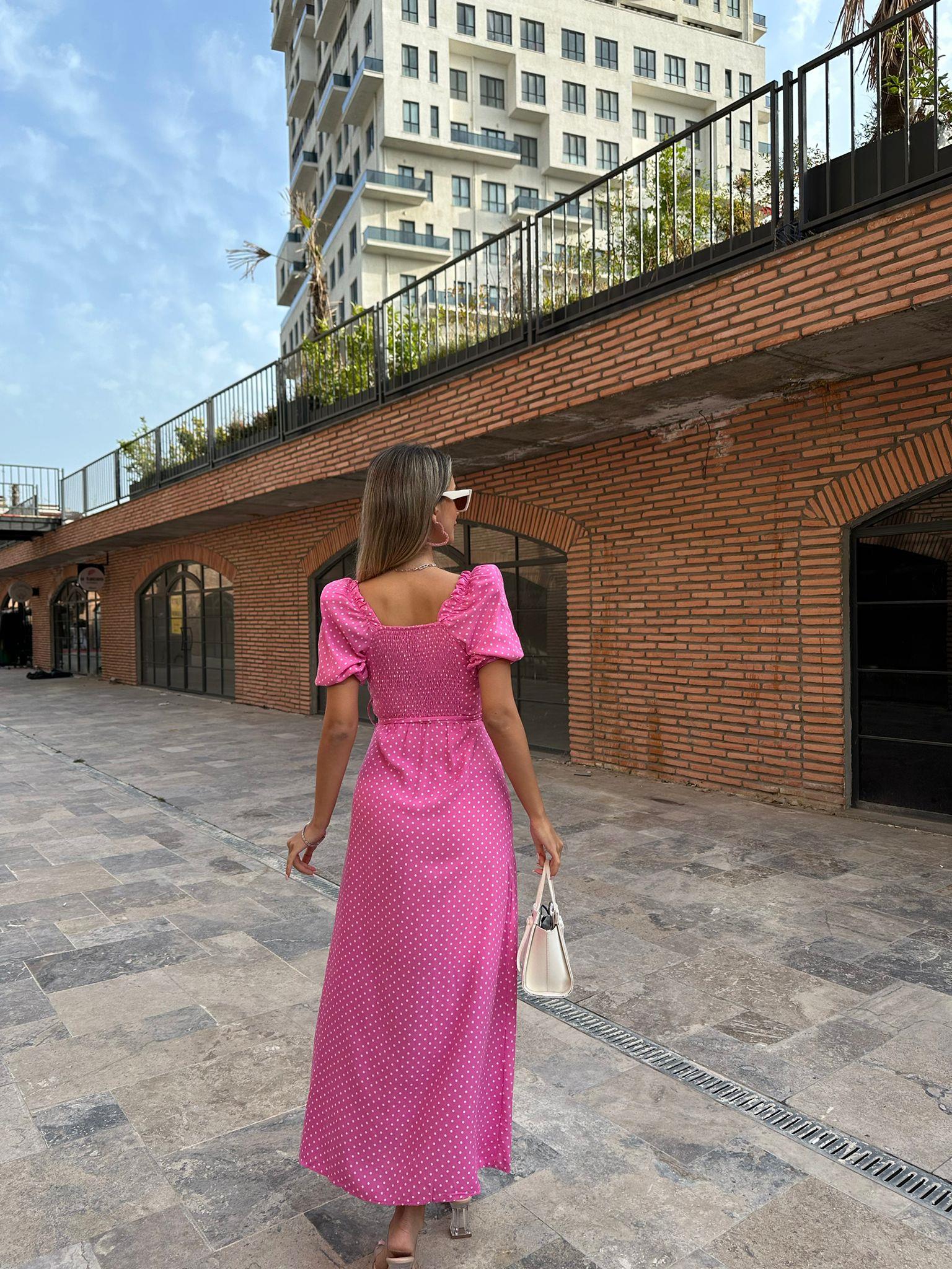 Puantiyeli Pembe Kuşaklı Viskon Elbise  07062155
