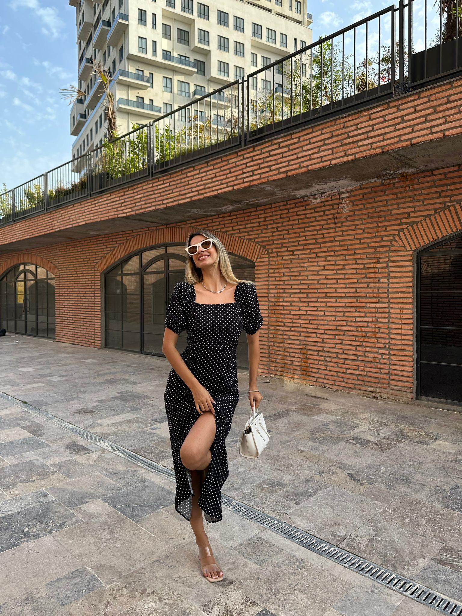 Puantiyeli Siyah Kuşaklı Viskon Elbise  07062155