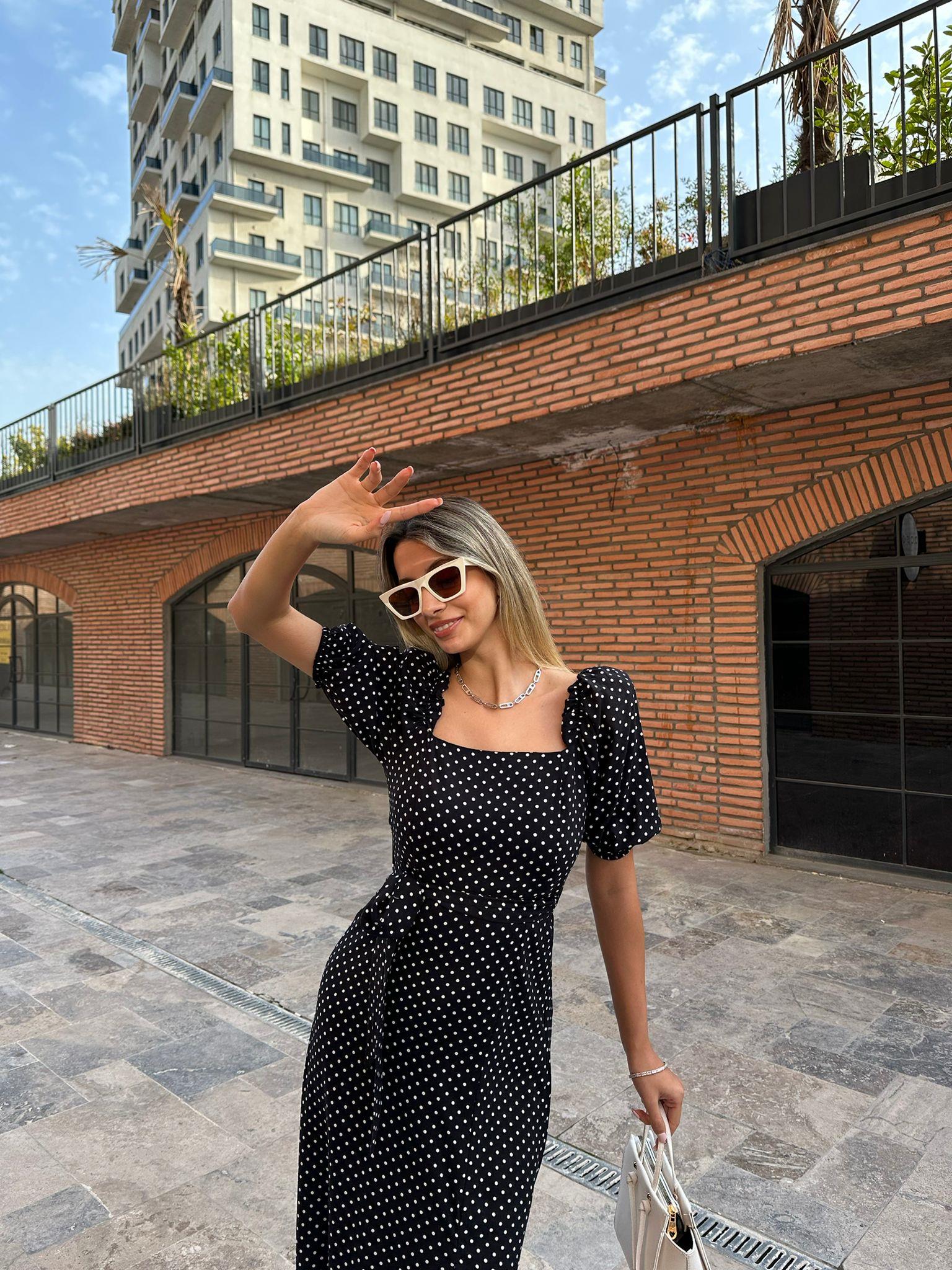 Puantiyeli Siyah Kuşaklı Viskon Elbise  07062155