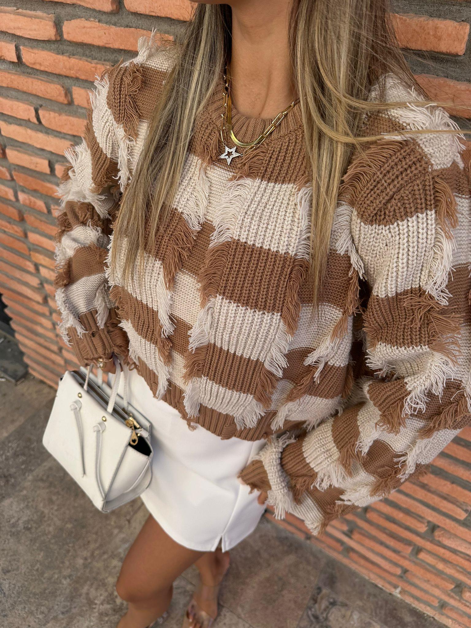 Püskül Model Camel Beyaz Çizgili Kazak kzk1028rvd