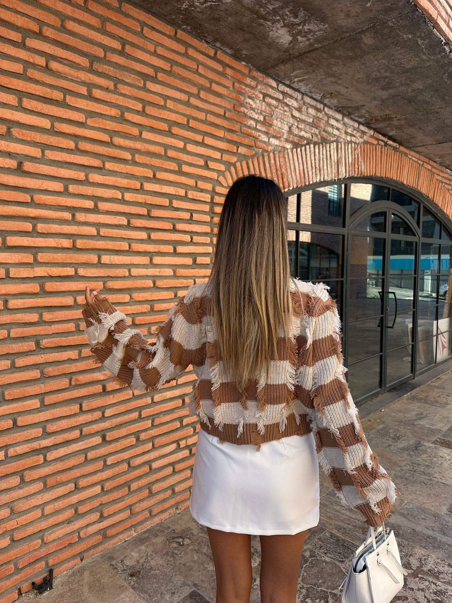 Püskül Model Camel Beyaz Çizgili Kazak kzk1028rvd