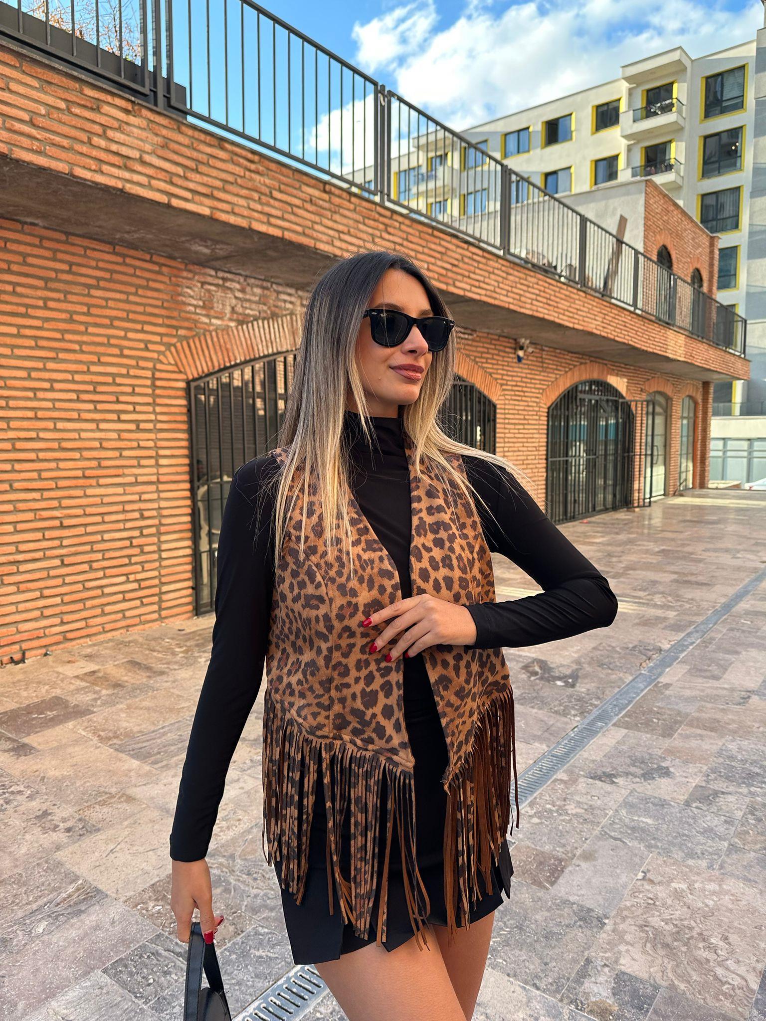 Püsküllü Leopar Desen Yelek ylk1075ny