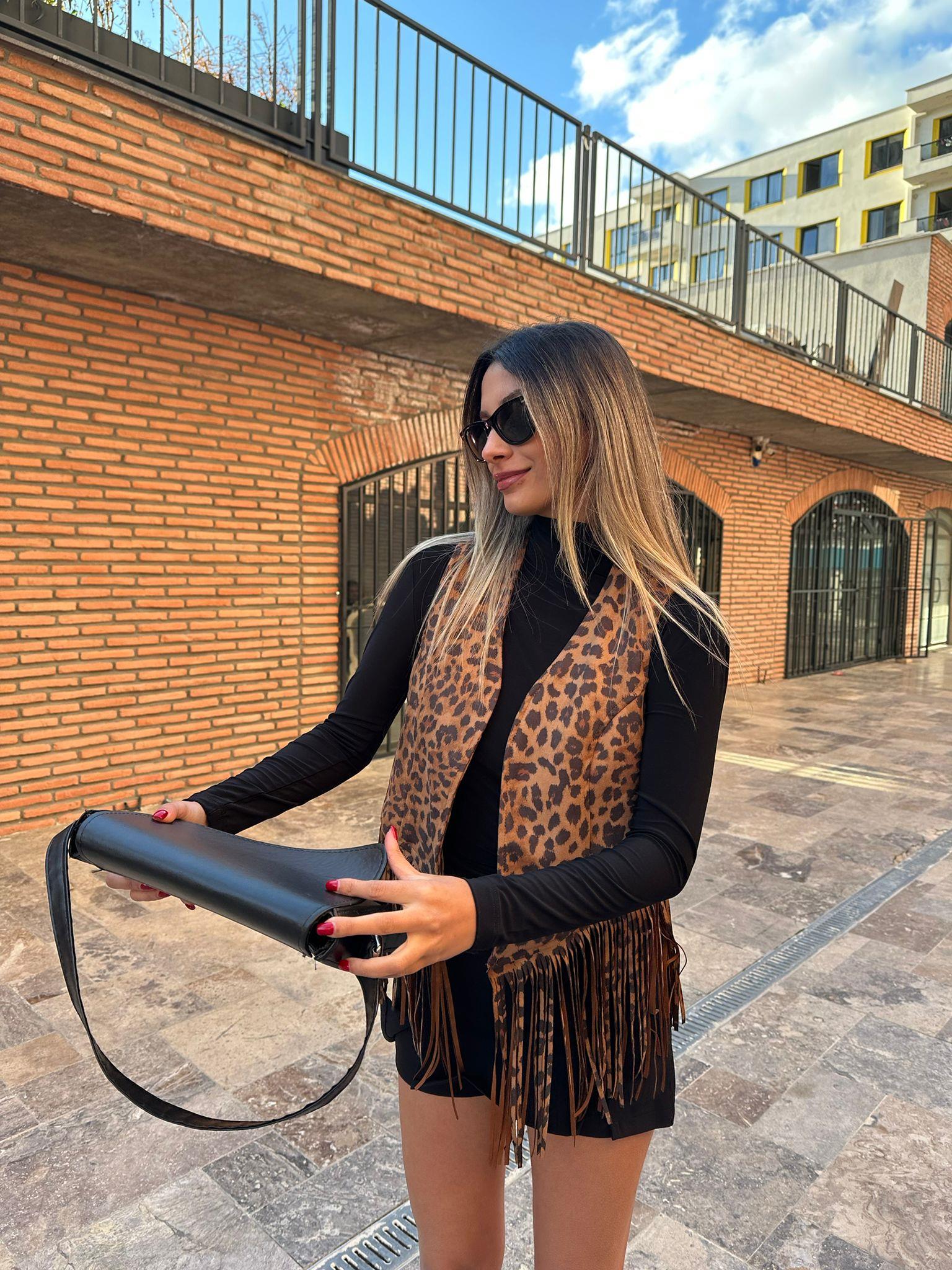 Püsküllü Leopar Desen Yelek ylk1075ny