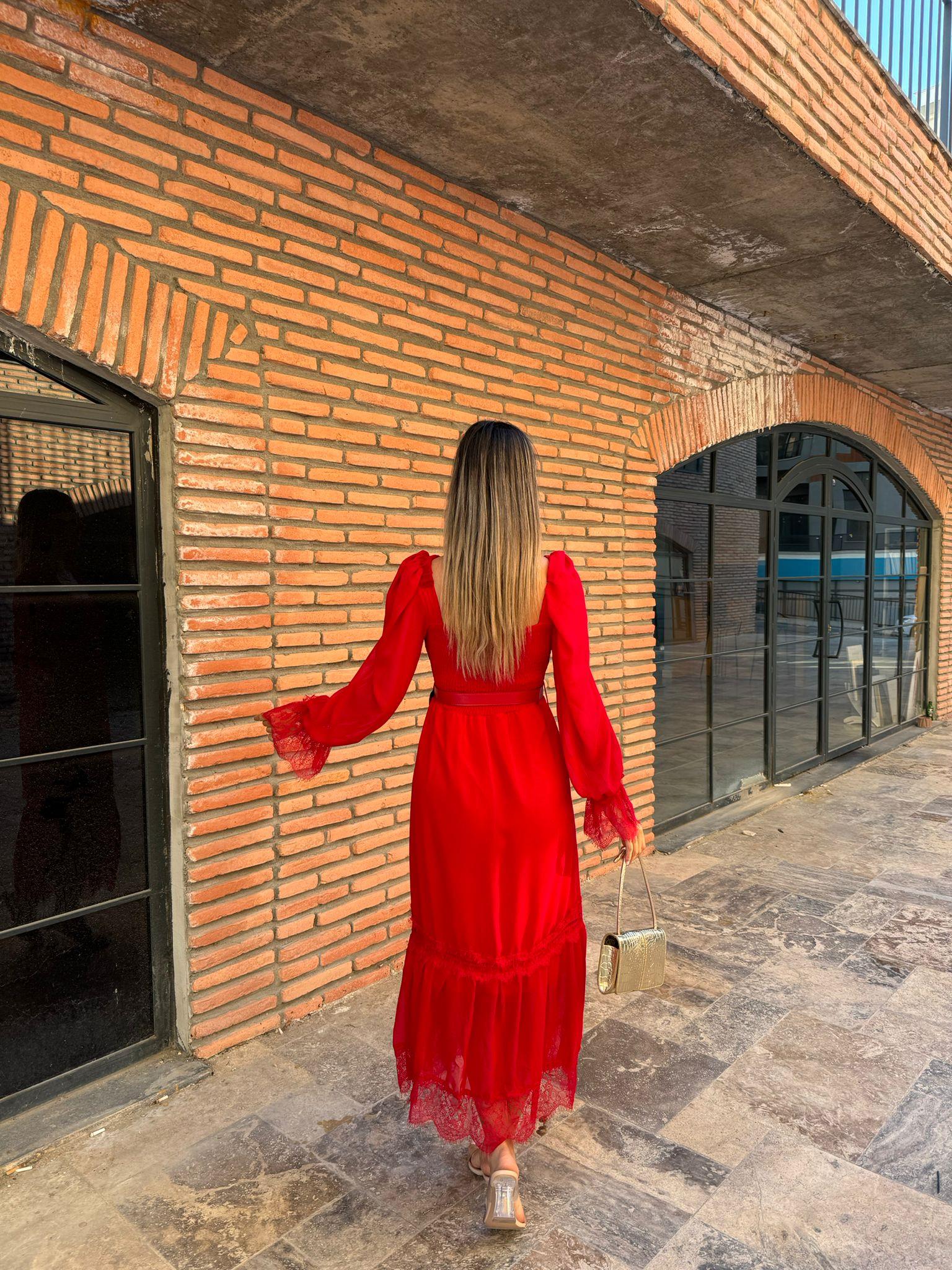 Rapunzel Dantel Detay Kemerli Şifon Elbise Kırmızı 1707343