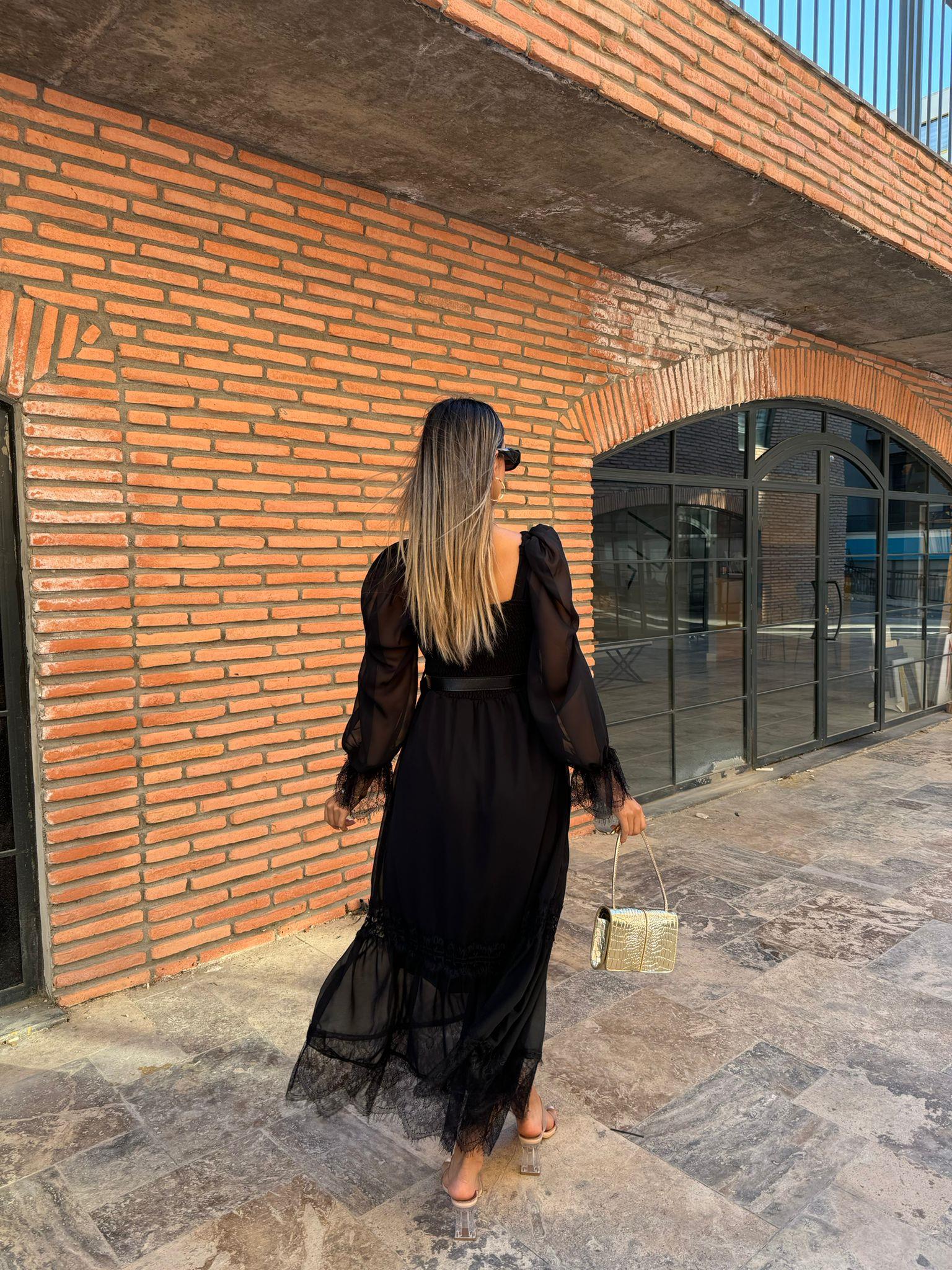 Rapunzel Dantel Detay Kemerli Şifon Elbise Siyah 1707343