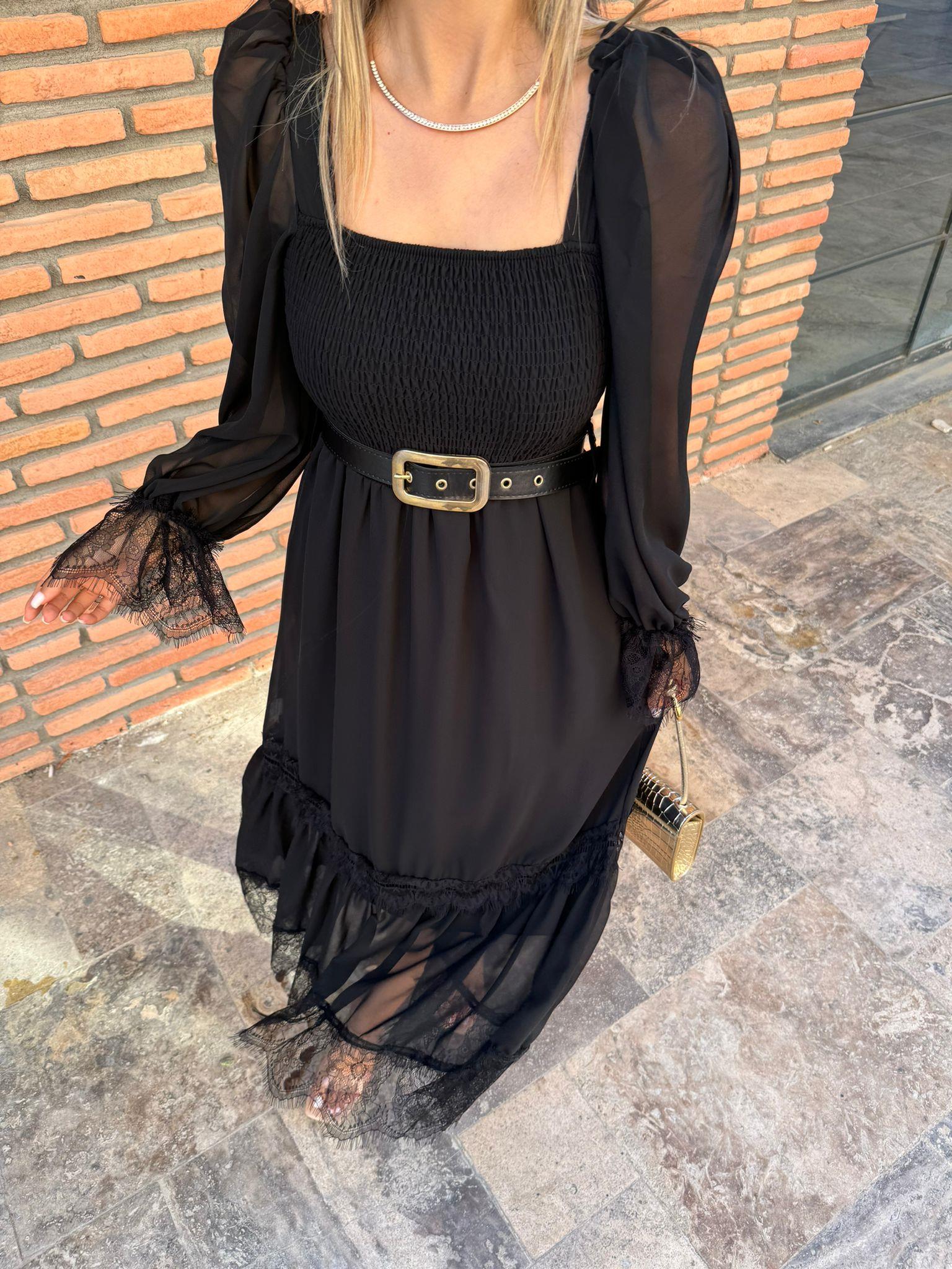 Rapunzel Dantel Detay Kemerli Şifon Elbise Siyah 1707343