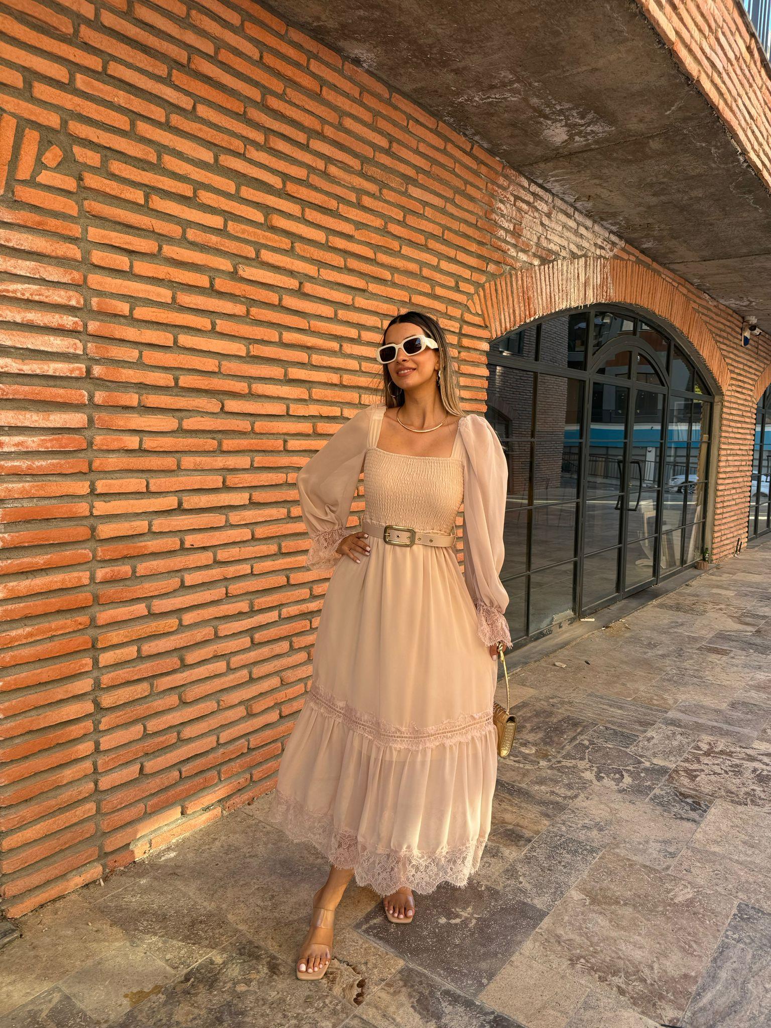 Rapunzel Dantel Detay Kemerli Şifon Elbise Krem 1707343